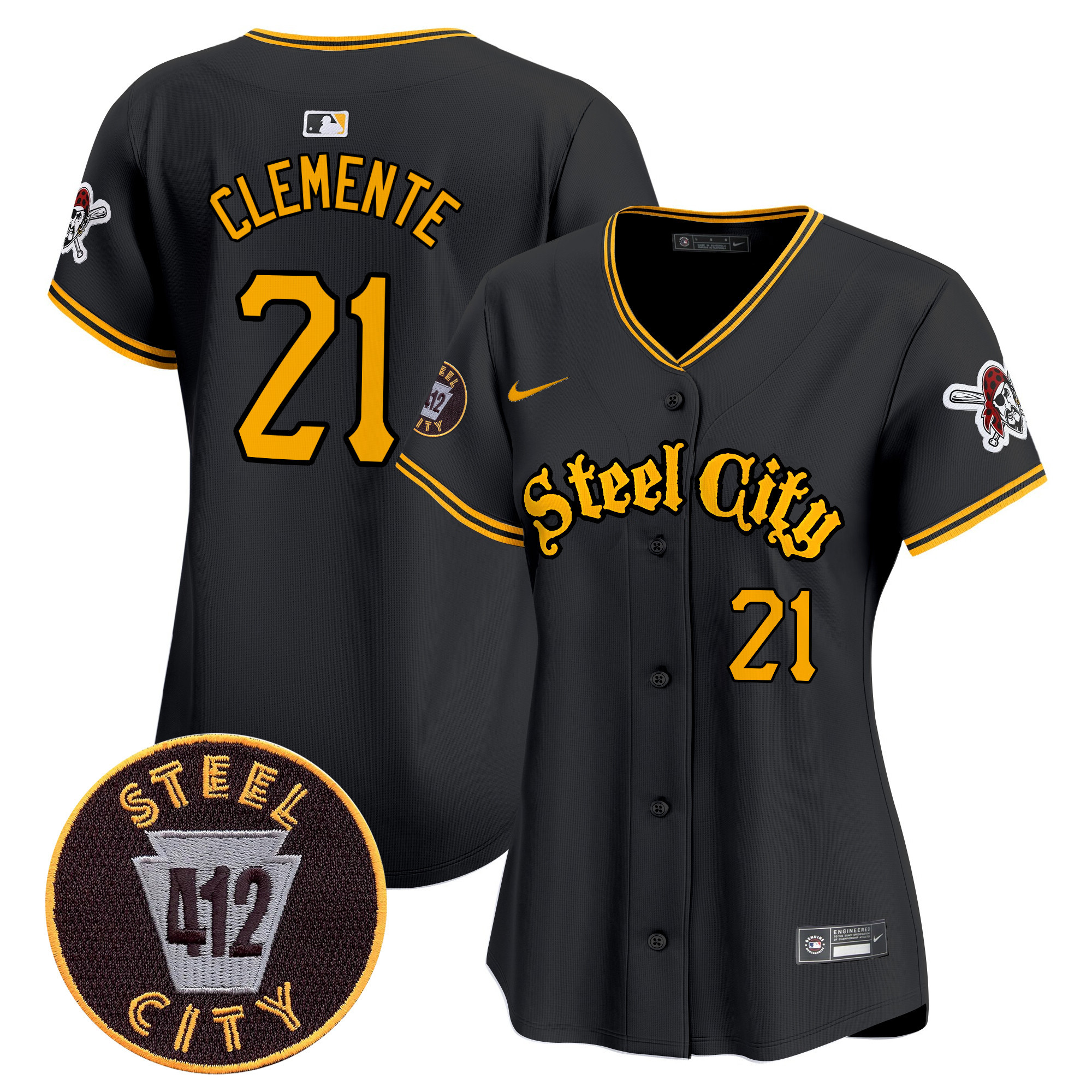 Women's Roberto Clemente Pittsburgh Pirates 412 Patch Vapor Premier Limited Black Jersey - All Stitched