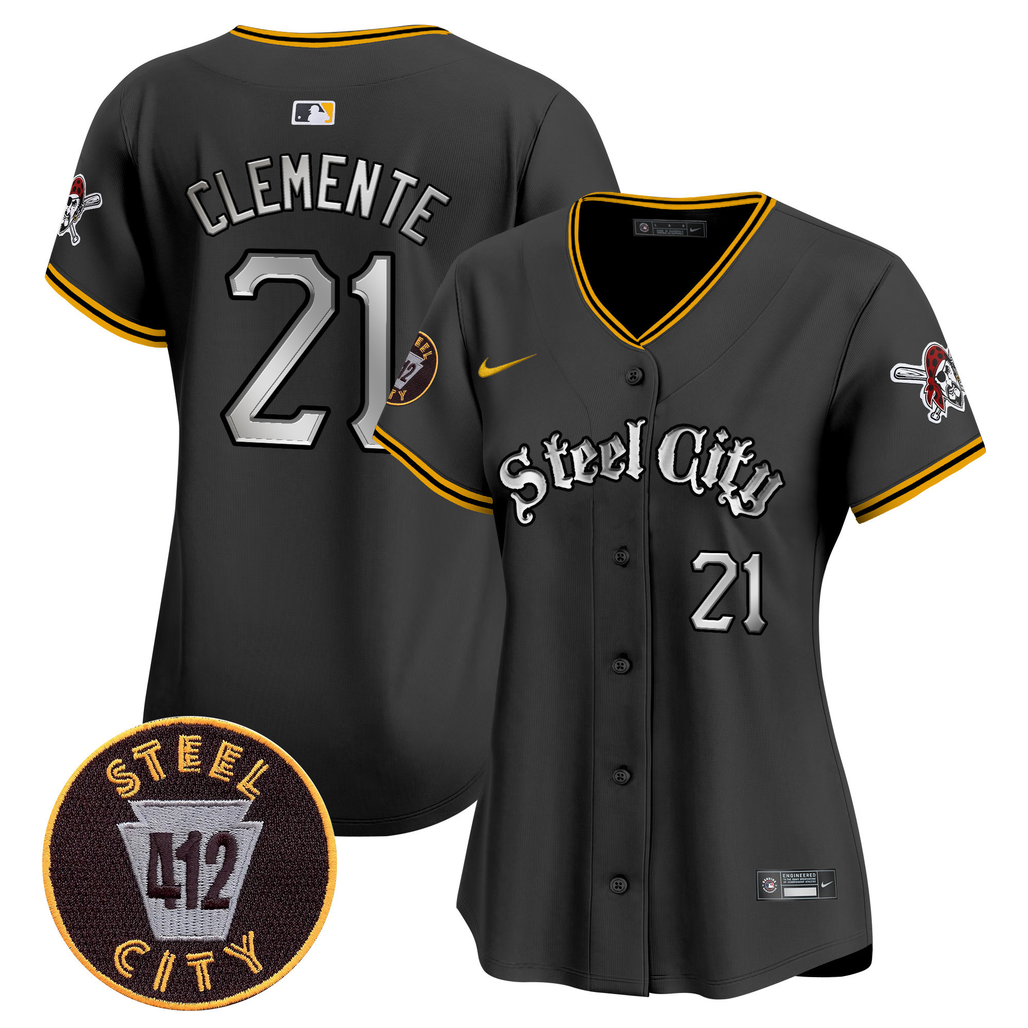 Women's Roberto Clemente Pittsburgh Pirates 412 Patch Vapor Premier Limited Black Jersey V2 - All Stitched