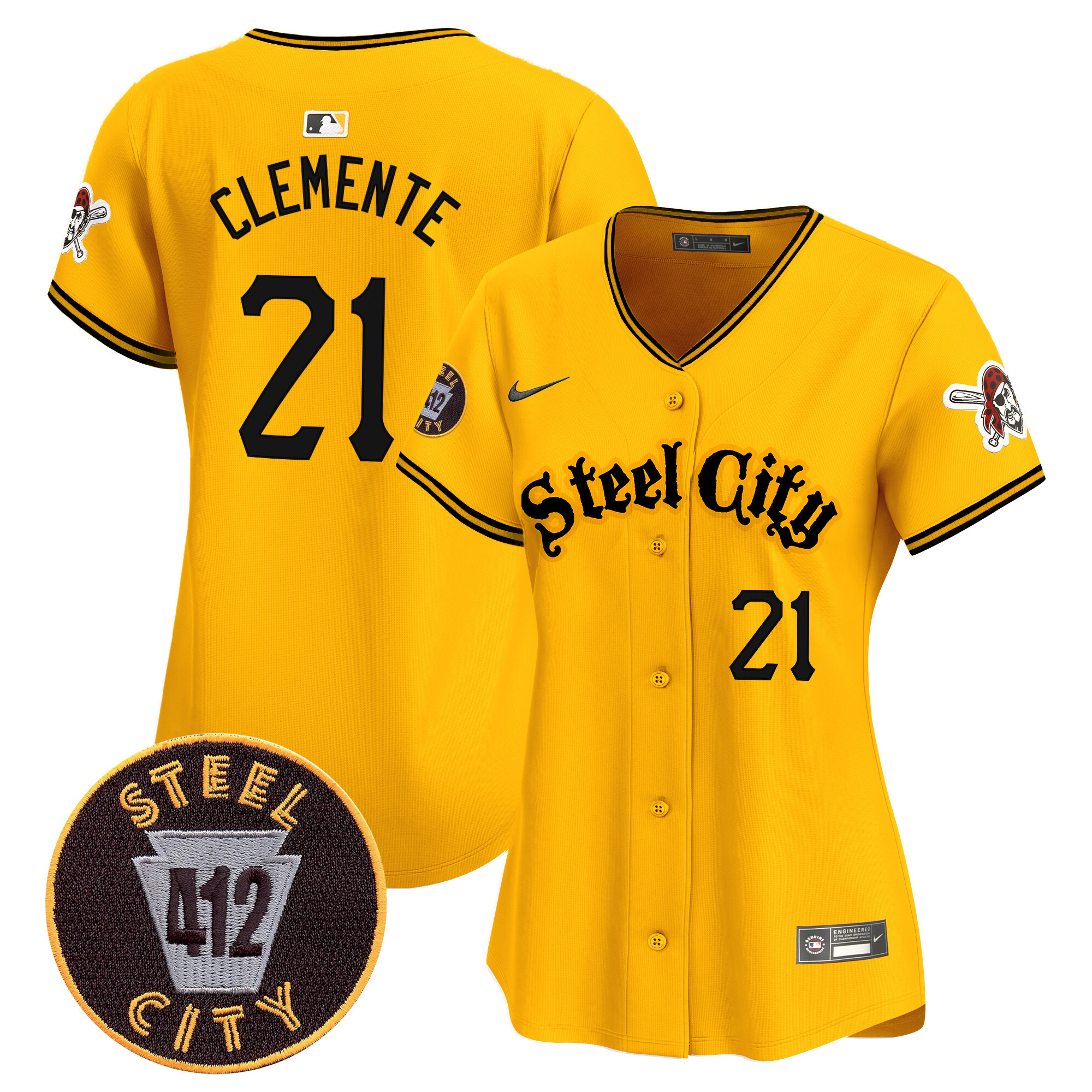 Women's Roberto Clemente Pittsburgh Pirates 412 Patch Vapor Premier Limited Gold Jersey V5 - All Stitched