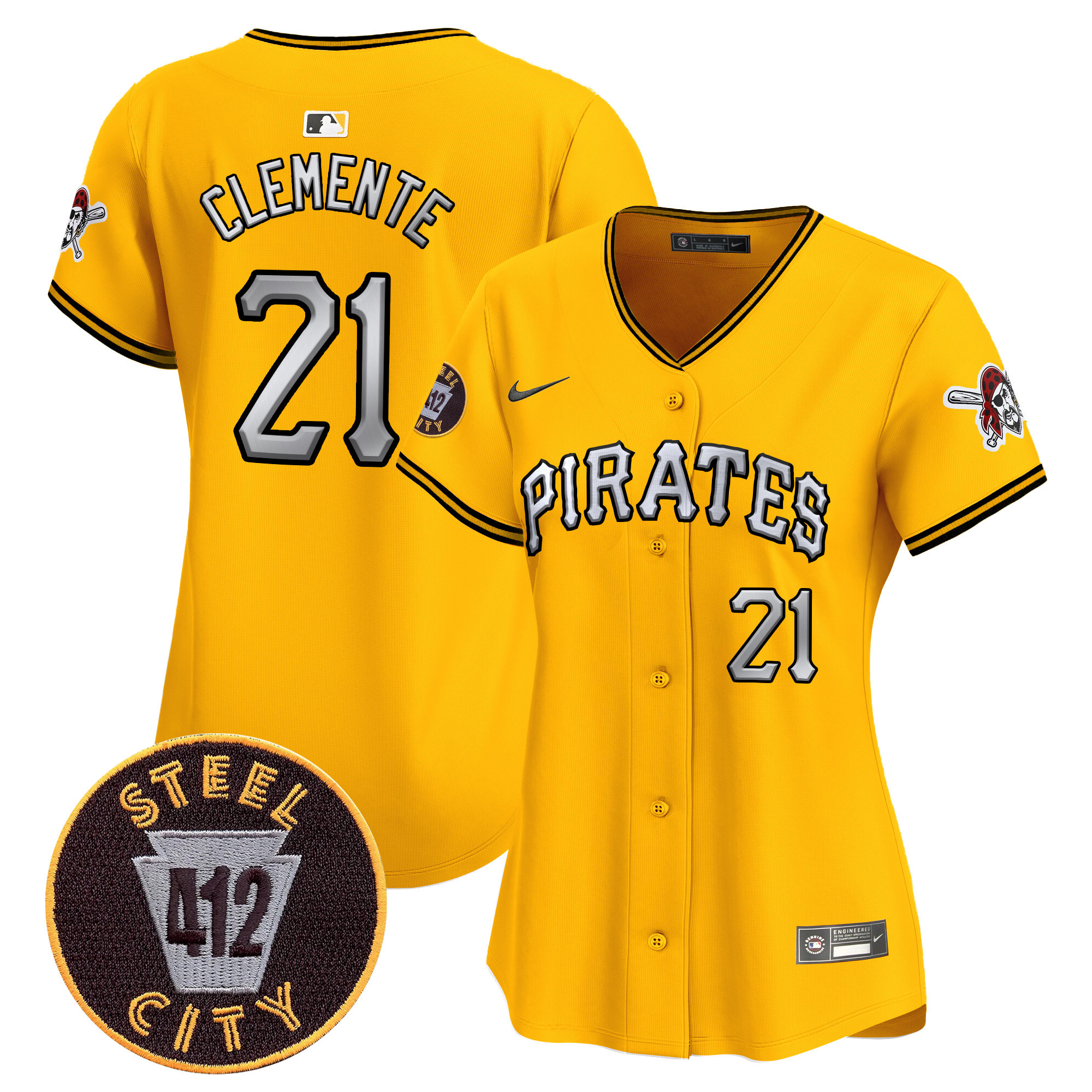 Women's Roberto Clemente Pittsburgh Pirates 412 Patch Vapor Premier Limited Gold Jersey V6 - All Stitched