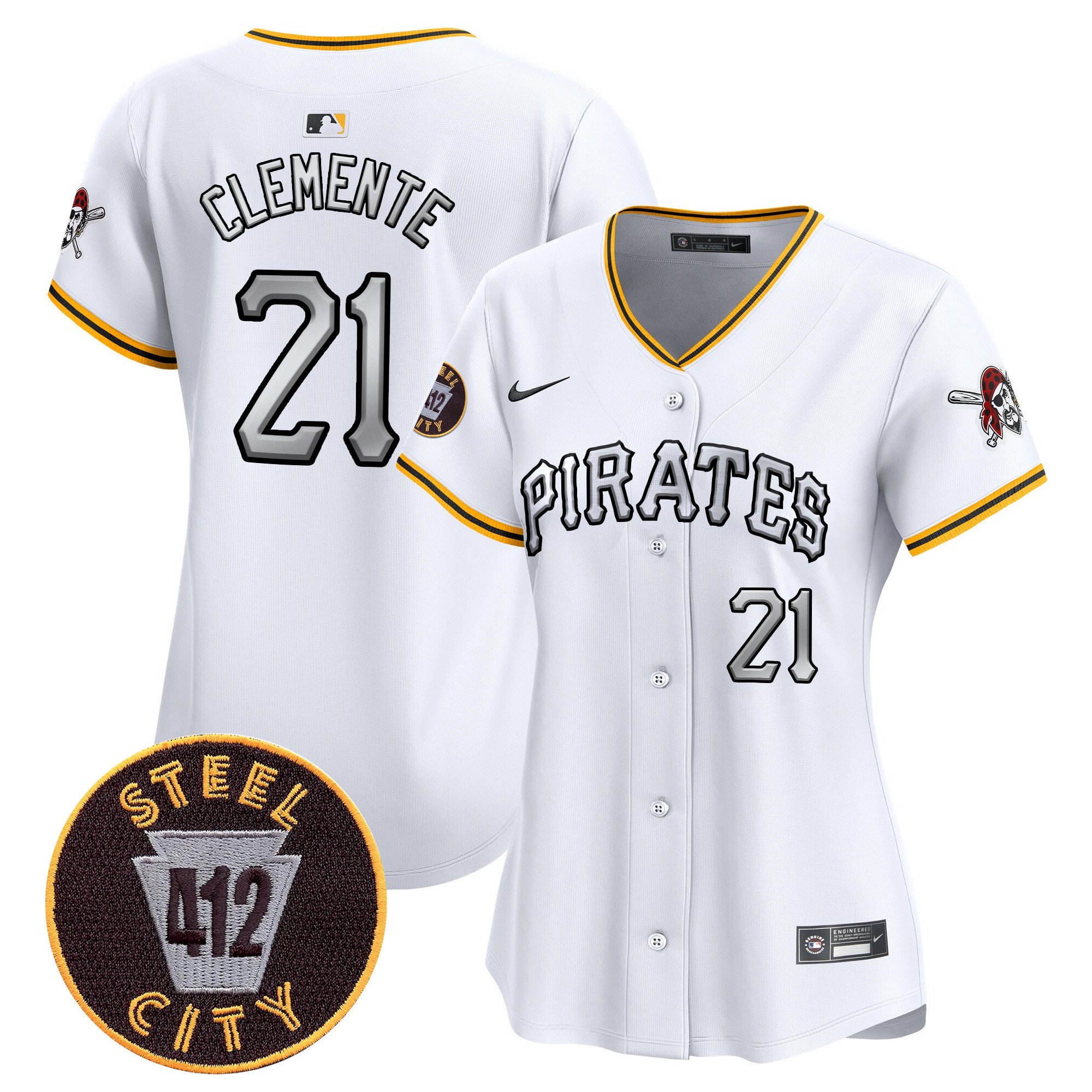 Women's Roberto Clemente Pittsburgh Pirates 412 Patch Vapor Premier Limited White Jersey V6 - All Stitched