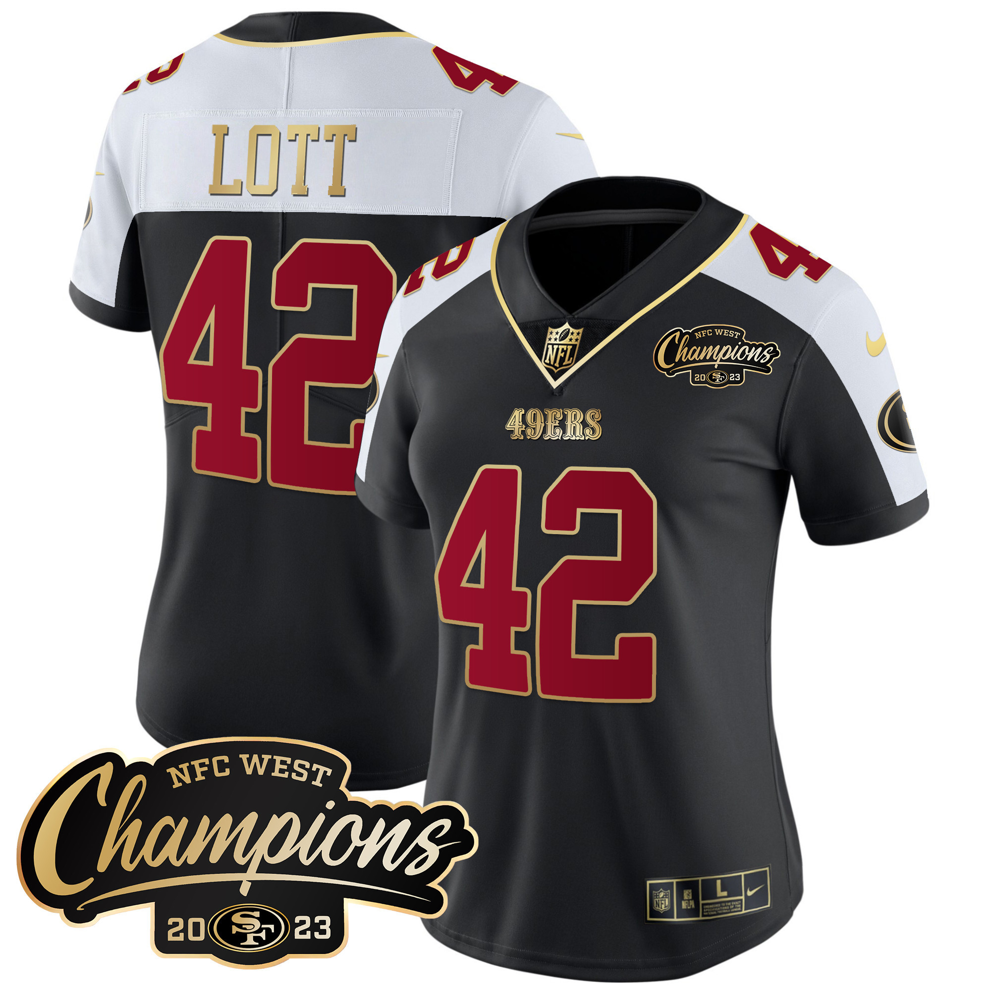 Women's Ronnie Lott San Francisco 49ers 2023 NFC West Champions Patch Vapor Black Alternate Jersey - All Stitched