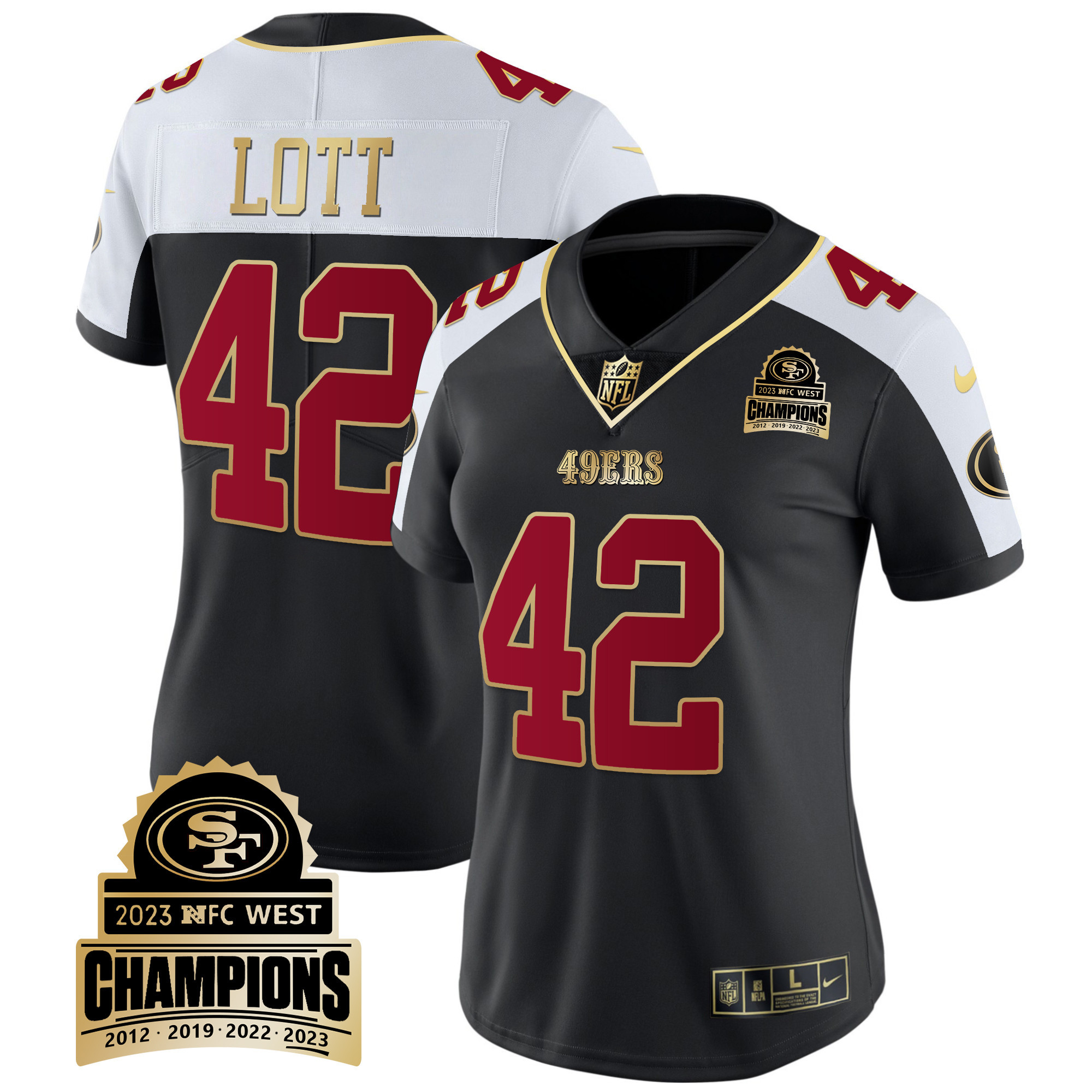 Women's Ronnie Lott San Francisco 49ers 2023 NFC West Champions Patch Vapor Black Alternate Jersey V4 - All Stitched
