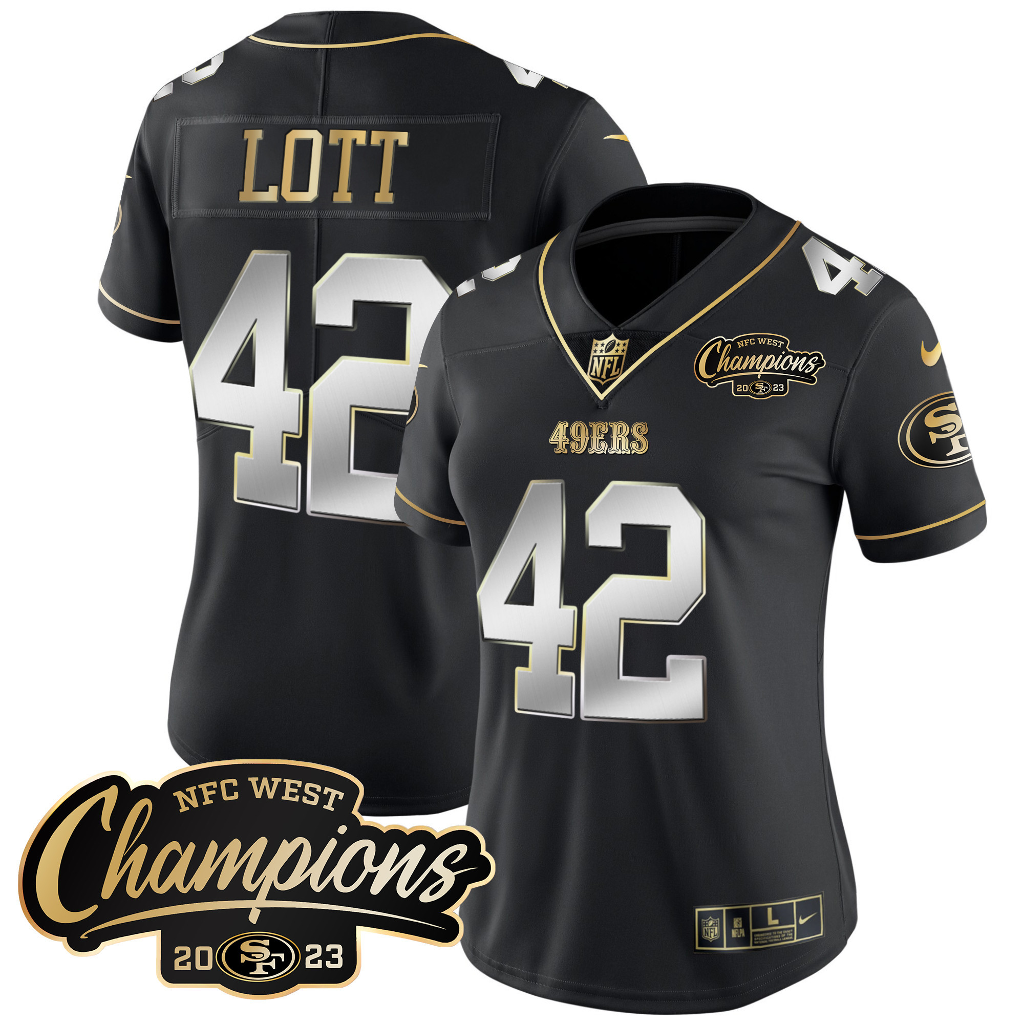 Women's Ronnie Lott San Francisco 49ers 2023 NFC West Champions Patch Vapor Black Limited Jersey - All Stitched