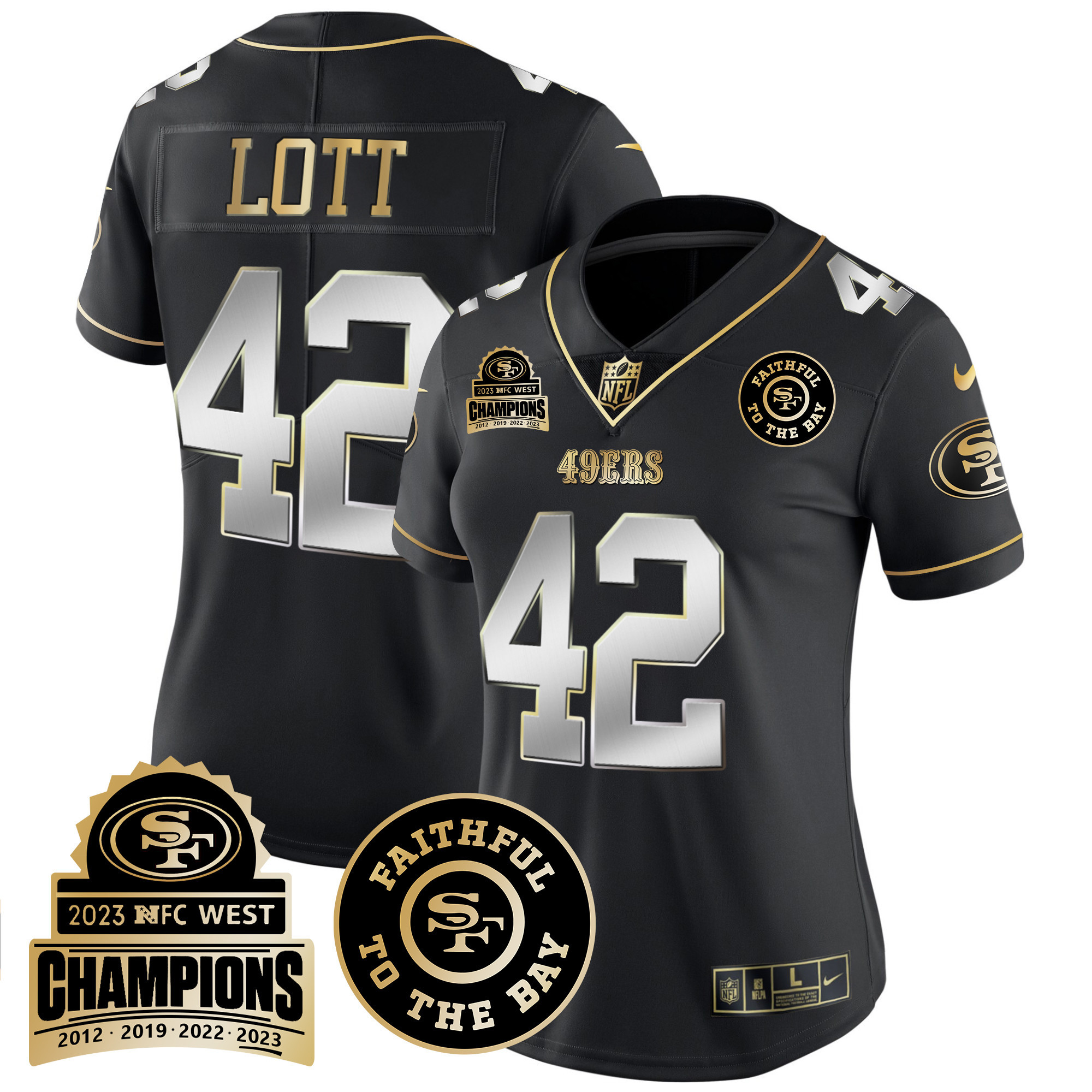 Women's Ronnie Lott San Francisco 49ers 2023 NFC West Champions Patch Vapor Black Limited Jersey V3 - All Stitched