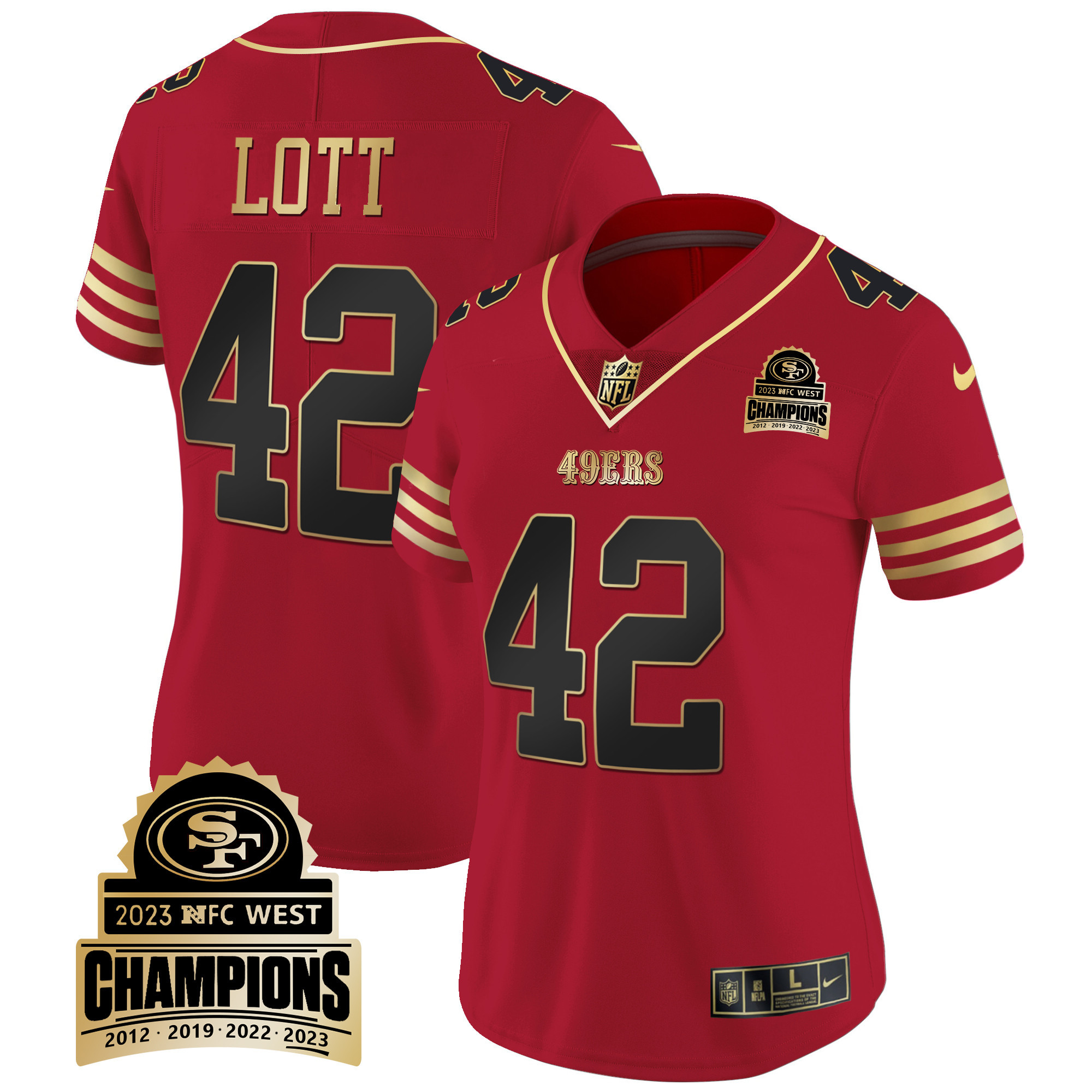 Women's Ronnie Lott San Francisco 49ers 2023 NFC West Champions Patch Vapor Black Scarlet Jersey V4 - All Stitched