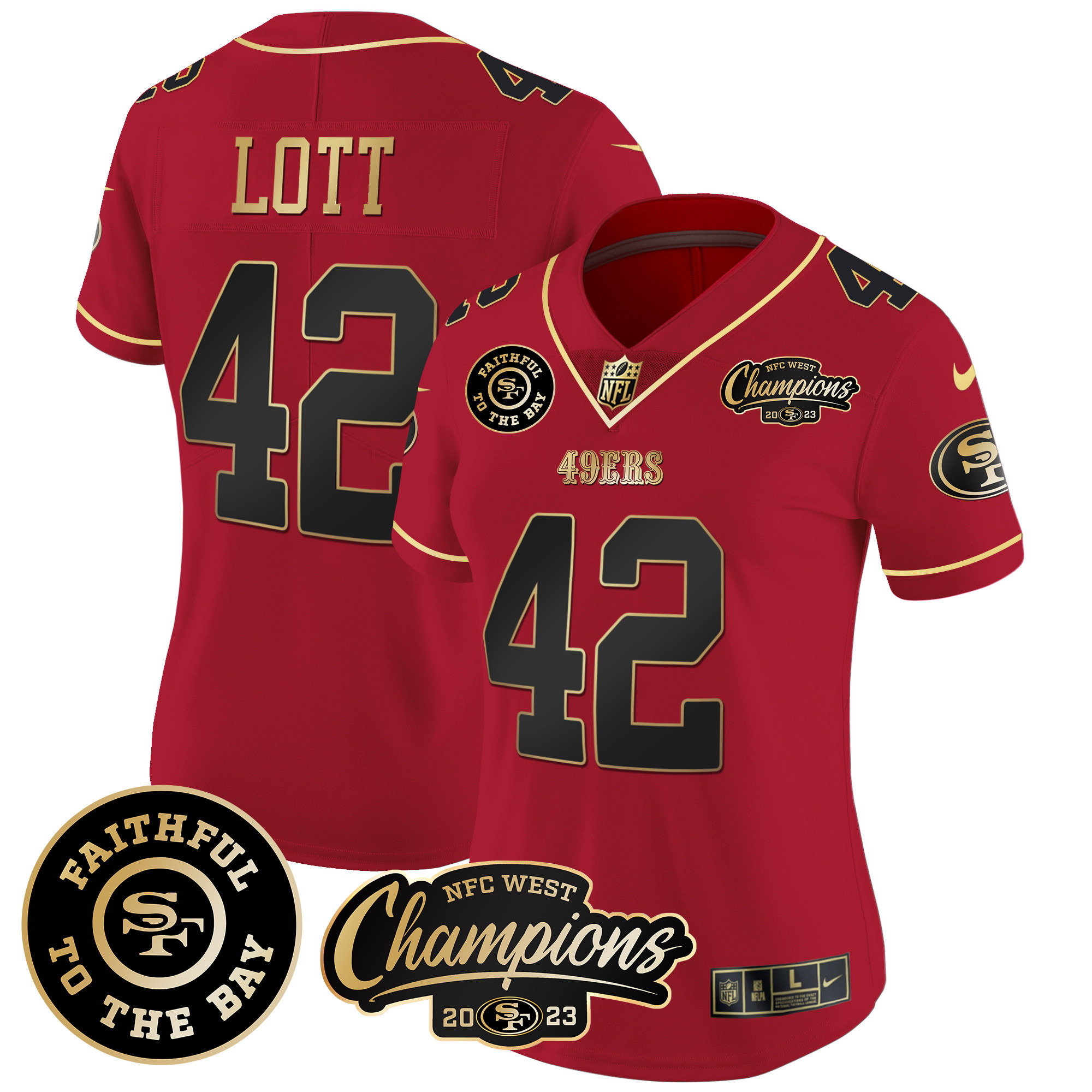 Women's Ronnie Lott San Francisco 49ers Faithful & 2023 NFC West Champions Patch Vapor Scarlet Limited Jersey - All Stitched