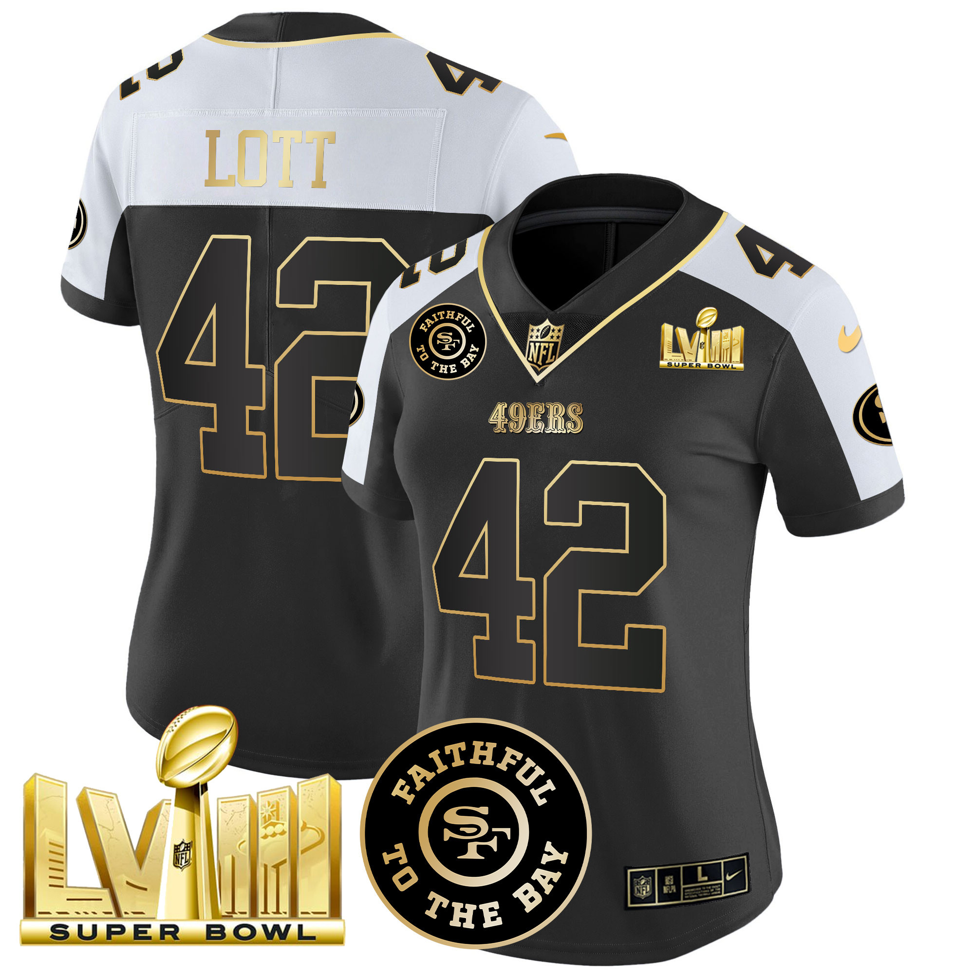 Women's Ronnie Lott San Francisco 49ers Faithful & Super Bowl LVIII Gold Patch Vapor Black Alternate Jersey V2 - All Stitched