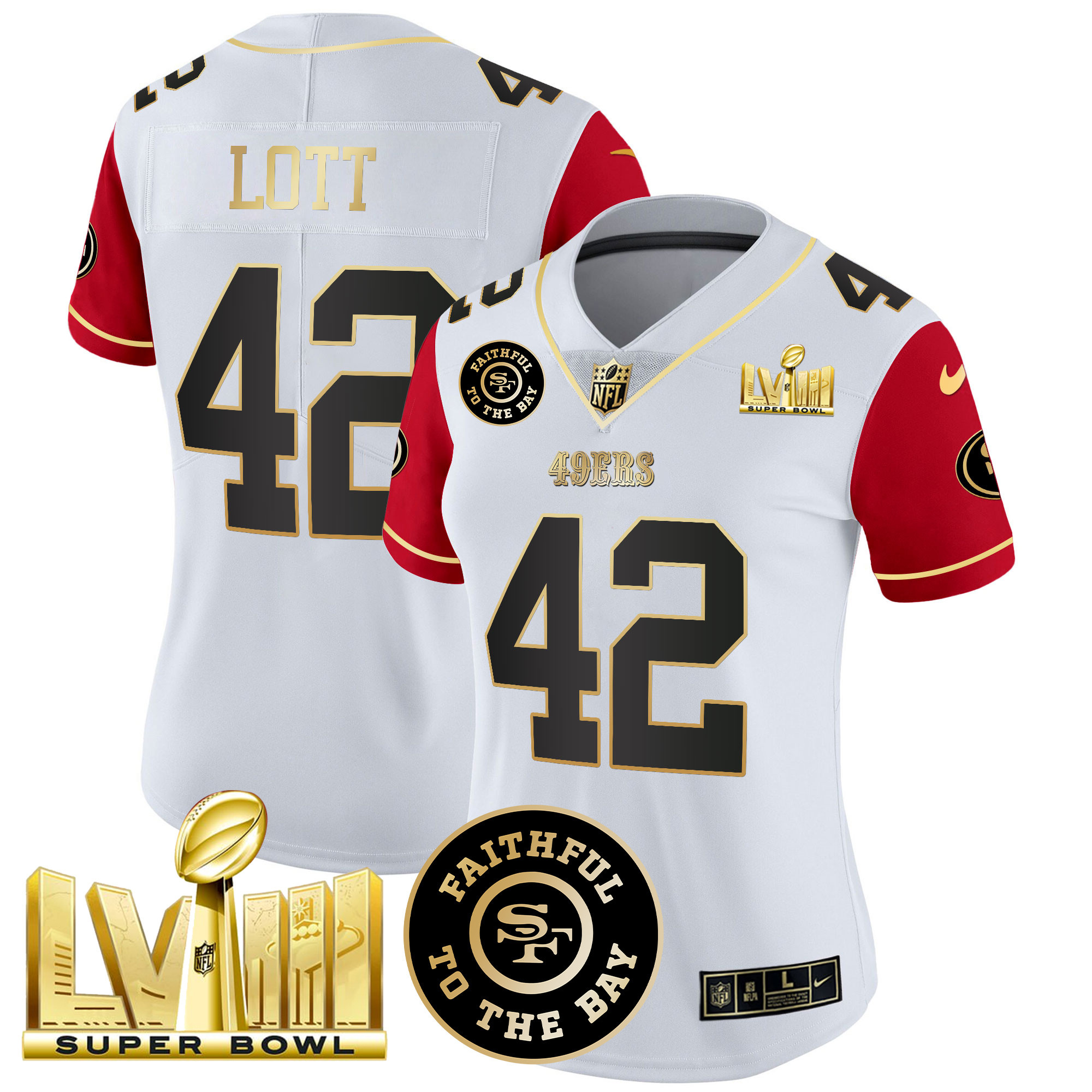 Women's Ronnie Lott San Francisco 49ers Faithful & Super Bowl LVIII Gold Patch Vapor Color Sleeves Jersey V2 - All Stitched