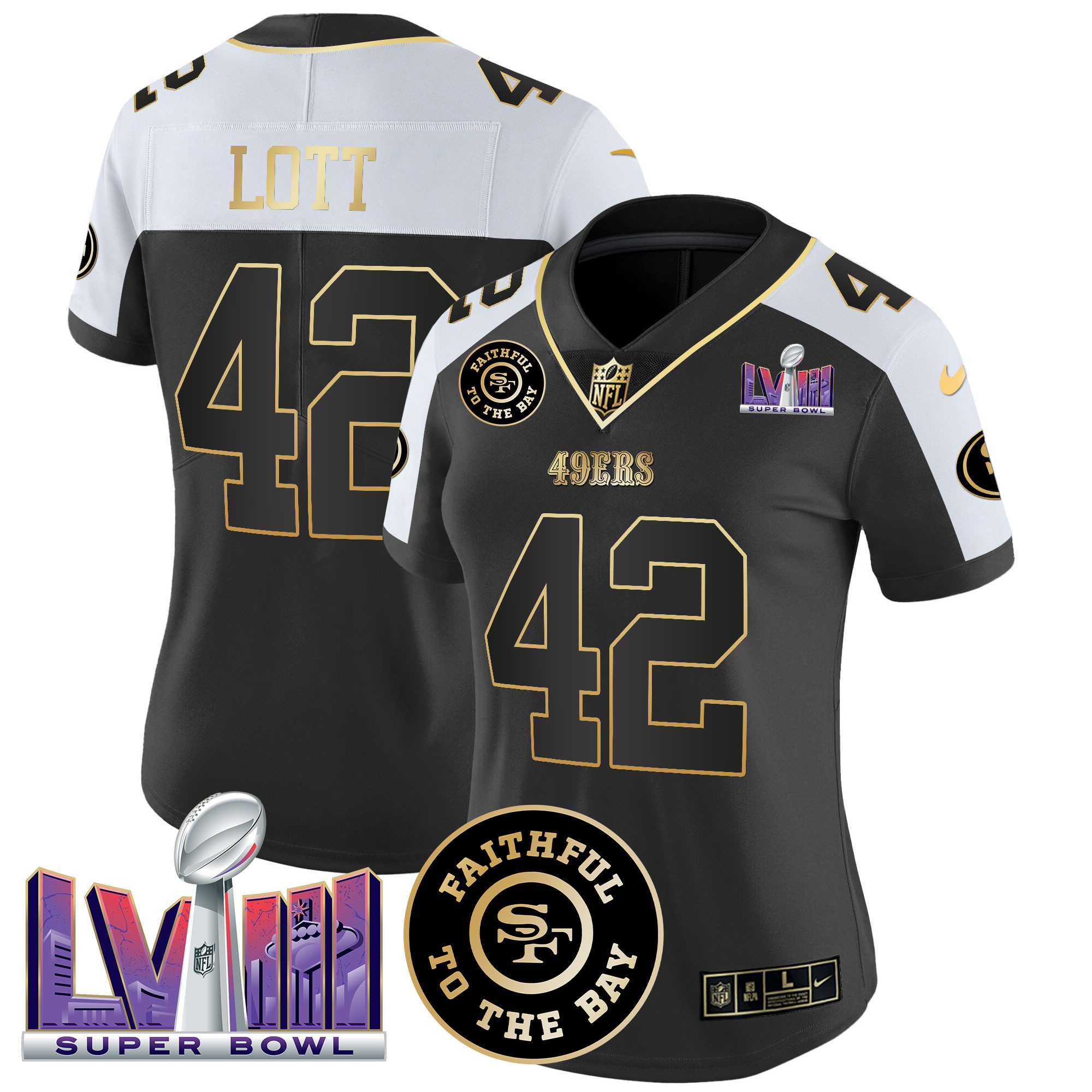 Women's Ronnie Lott San Francisco 49ers Faithful & Super Bowl LVIII Patch Vapor Black Alternate Jersey V2 - All Stitched