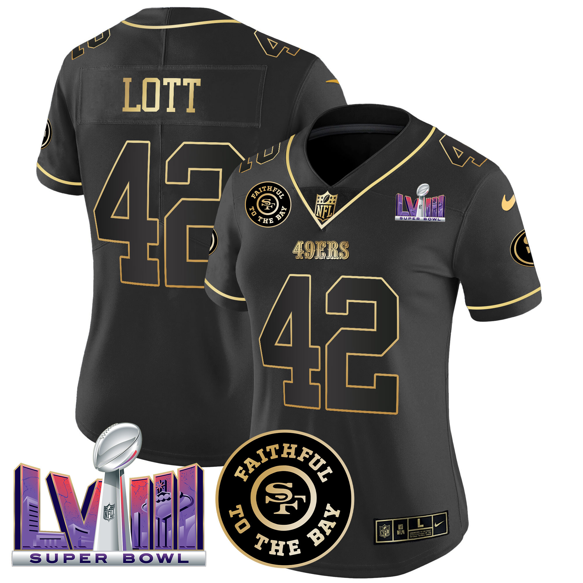 Women's Ronnie Lott San Francisco 49ers Faithful & Super Bowl LVIII Patch Vapor Black Gold Jersey V2 - All Stitched