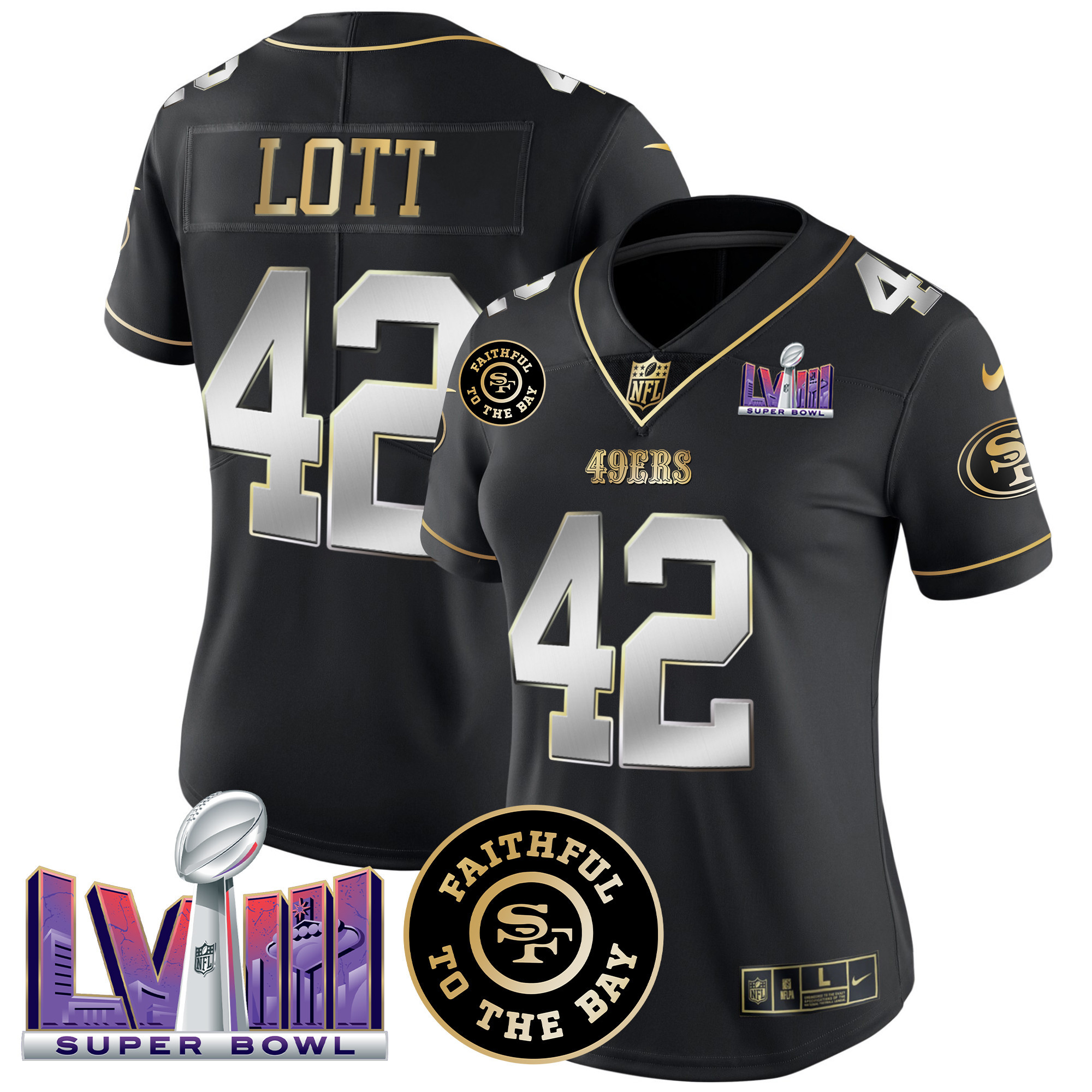 Women's Ronnie Lott San Francisco 49ers Faithful & Super Bowl LVIII Patch Vapor Black Limited Jersey - All Stitched