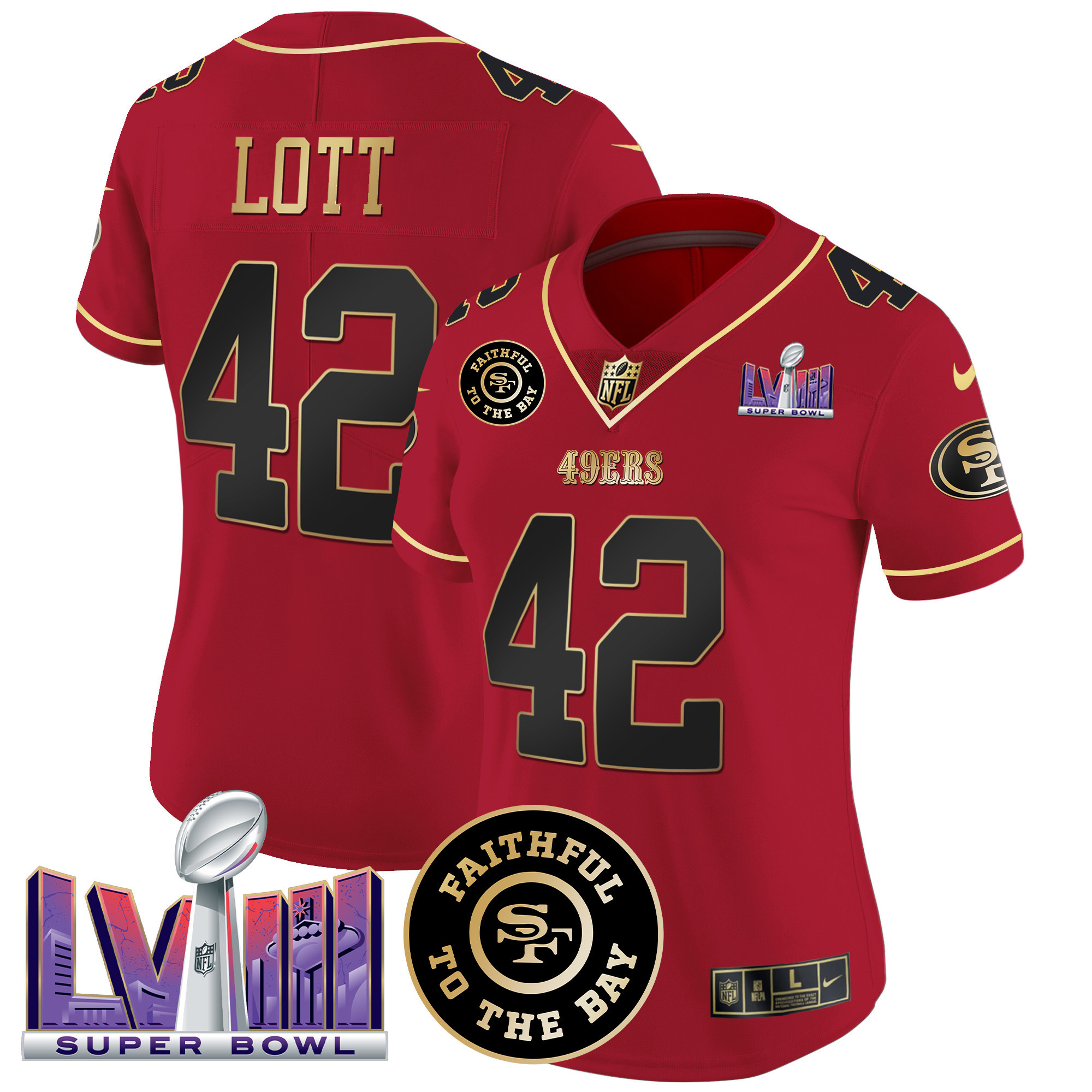 Women's Ronnie Lott San Francisco 49ers Faithful & Super Bowl LVIII Patch Vapor Scarlet Limited Jersey - All Stitched