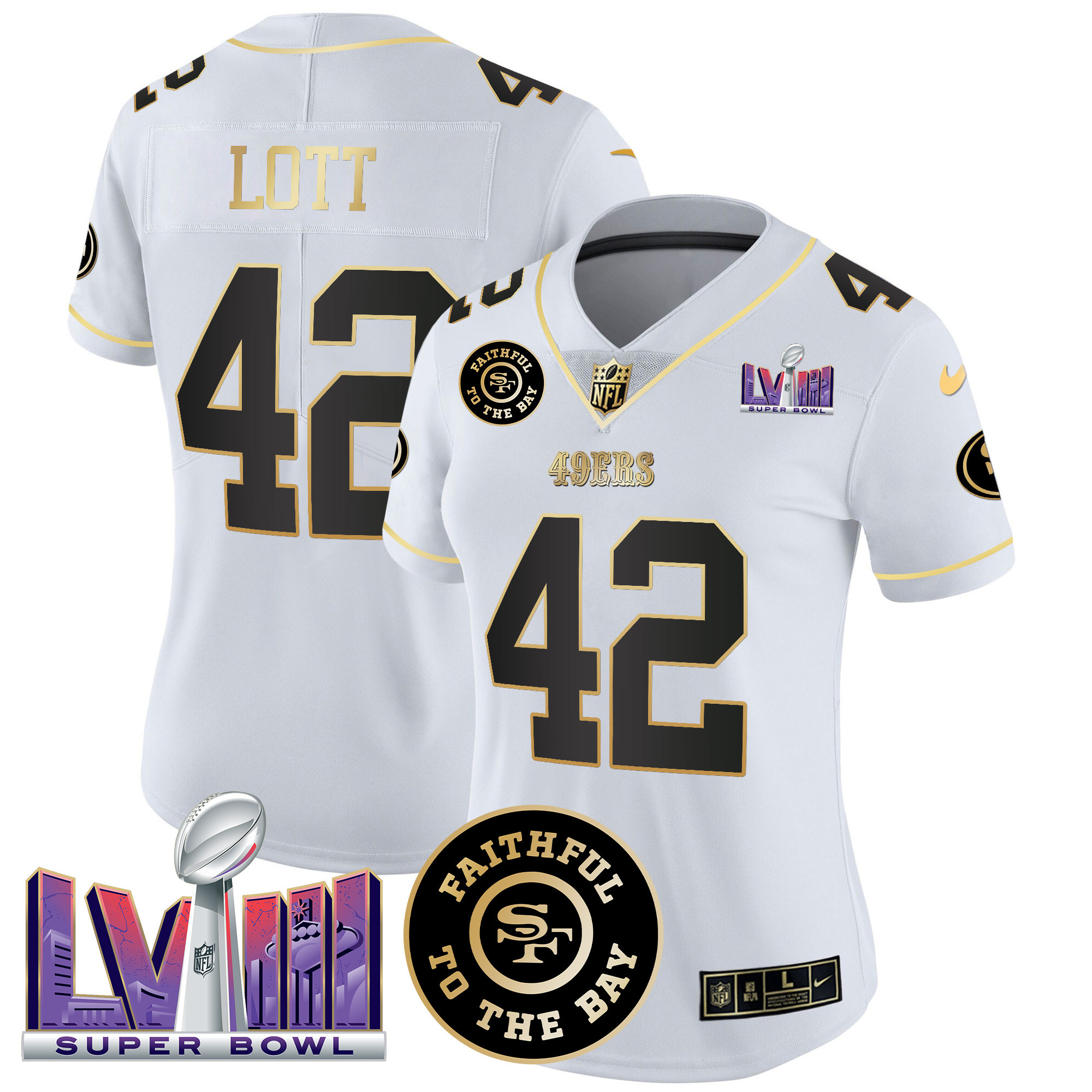 Women's Ronnie Lott San Francisco 49ers Faithful & Super Bowl LVIII Patch Vapor White Gold Jersey V2 - All Stitched