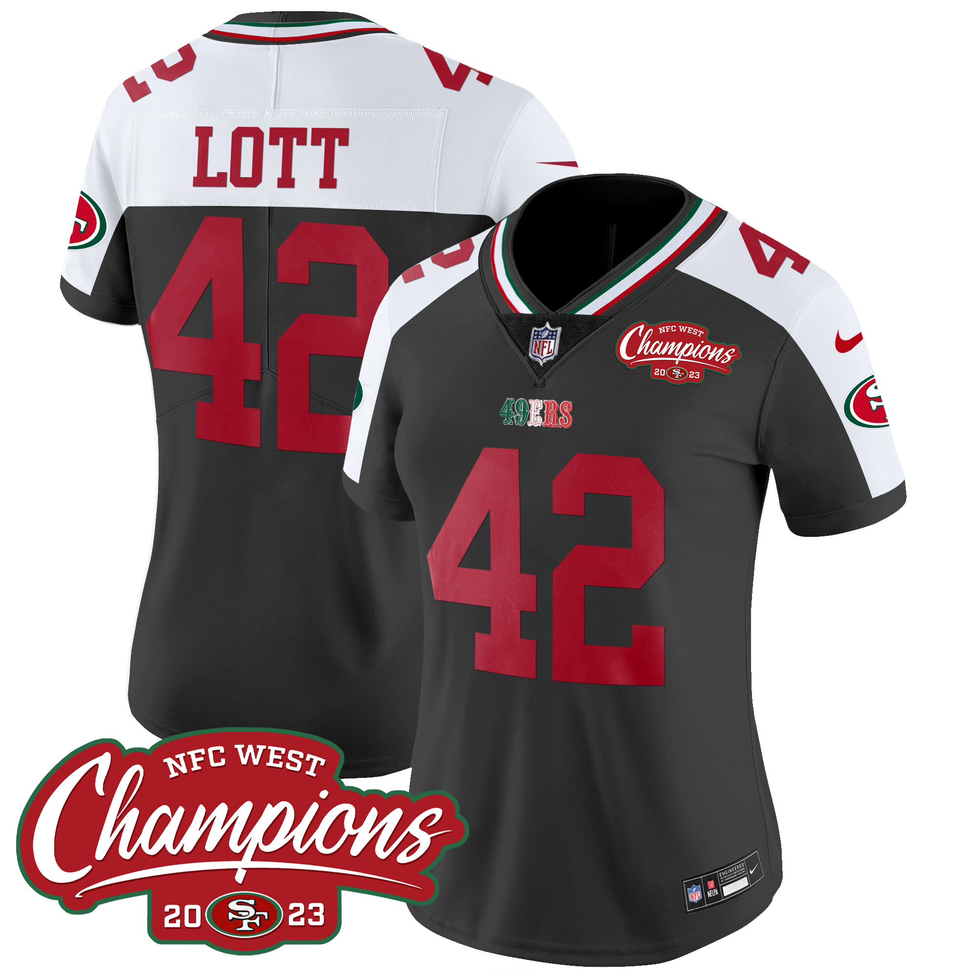 Women's Ronnie Lott San Francisco 49ers Mexico 2023 NFC West Champions Patch Vapor Black Alternate Jersey - All Stitched