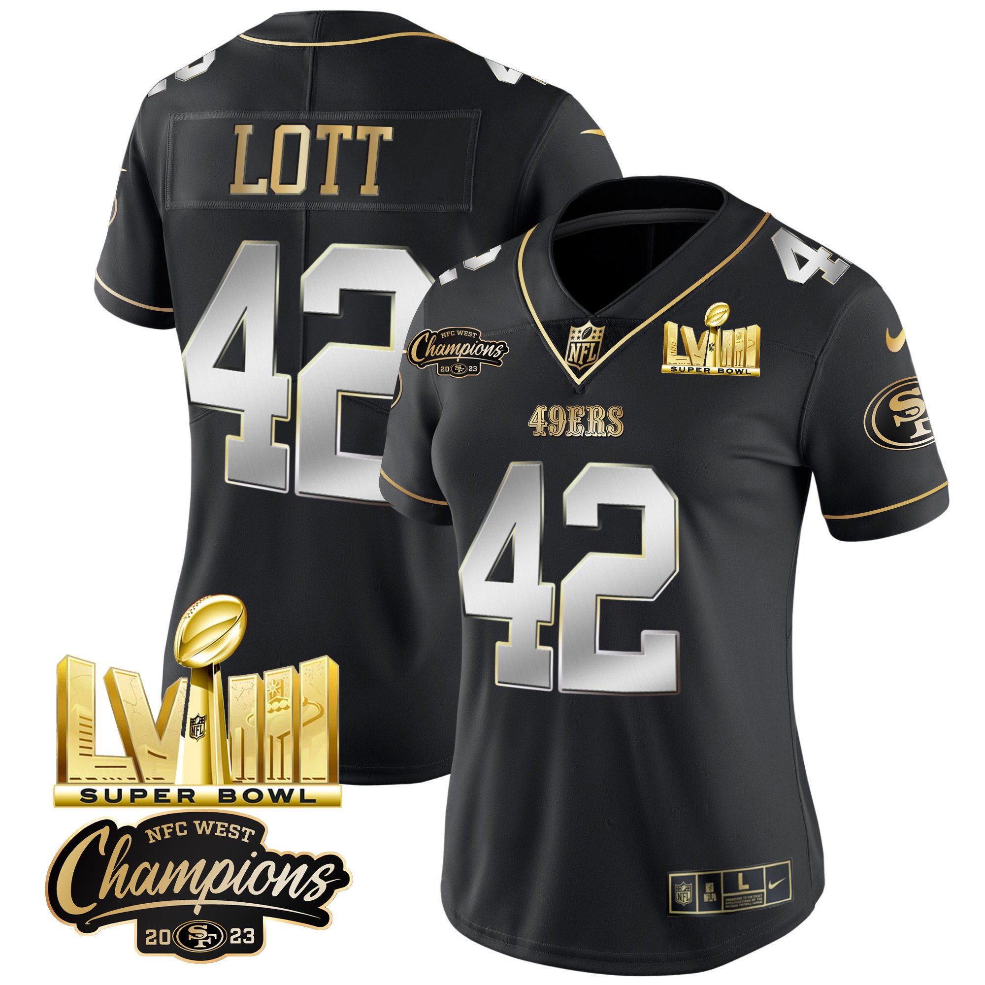 Women's Ronnie Lott San Francisco 49ers NFC West Champions & Super Bowl LVIII Gold Patch Vapor Black Limited Jersey V2 - All Stitched