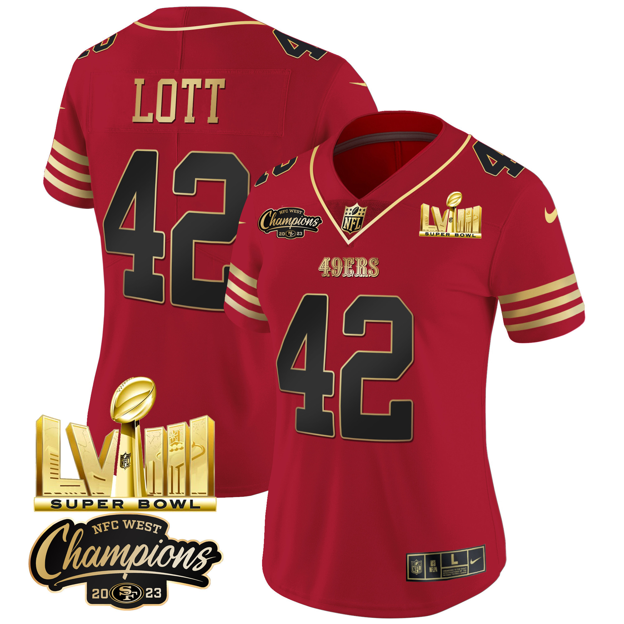 Women's Ronnie Lott San Francisco 49ers NFC West Champions & Super Bowl LVIII Gold Patch Vapor Black Scarlet Jersey V2 - All Stitched