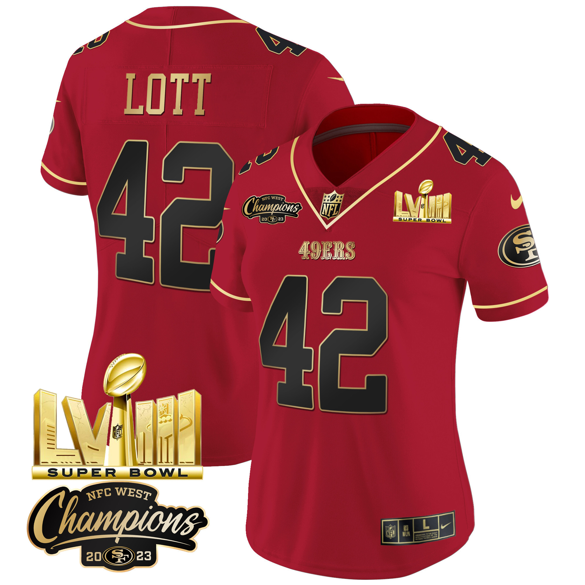 Women's Ronnie Lott San Francisco 49ers NFC West Champions & Super Bowl LVIII Gold Patch Vapor Scarlet Limited Jersey V2 - All Stitched