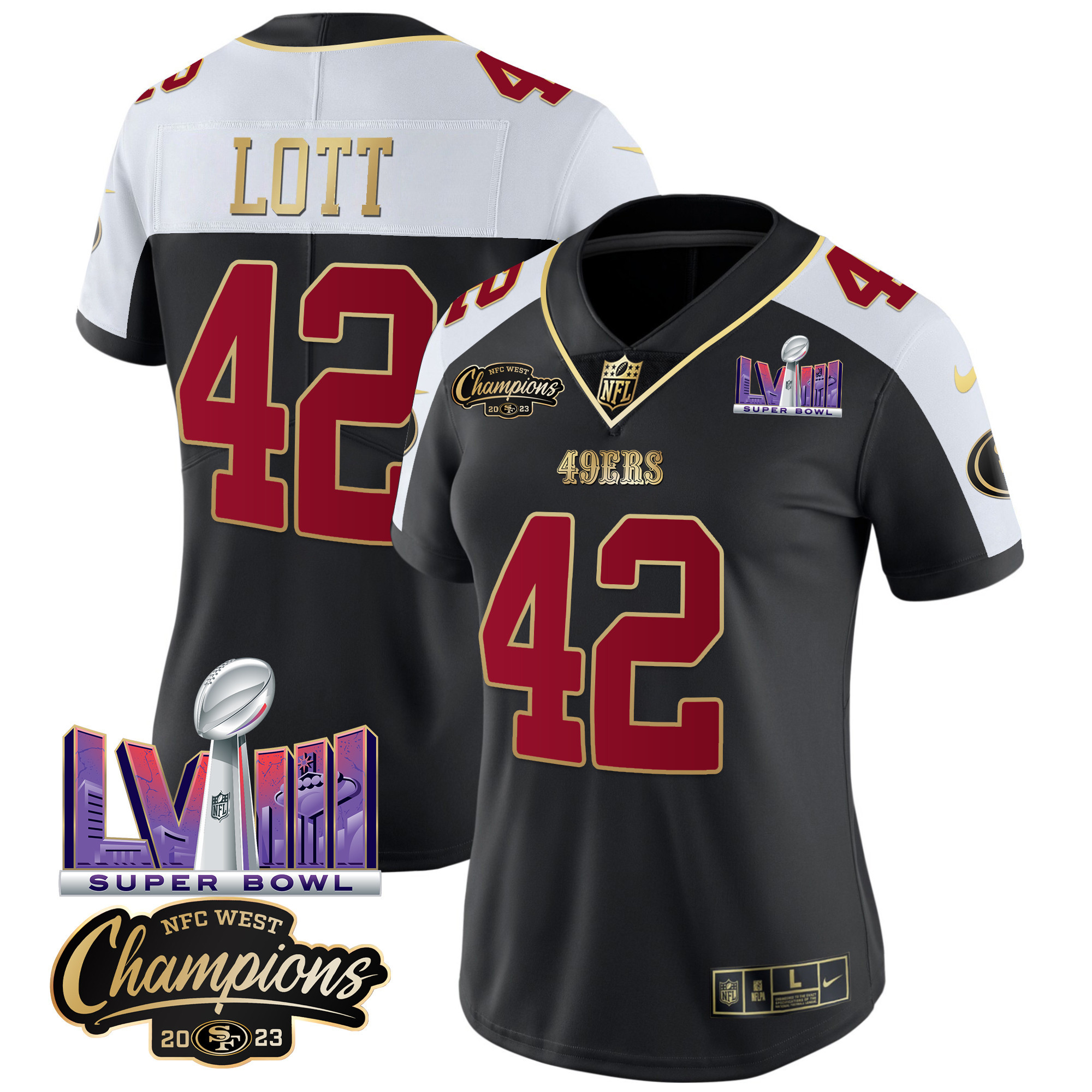 Women's Ronnie Lott San Francisco 49ers NFC West Champions & Super Bowl LVIII Patch Vapor Black Alternate Jersey V2 - All Stitched