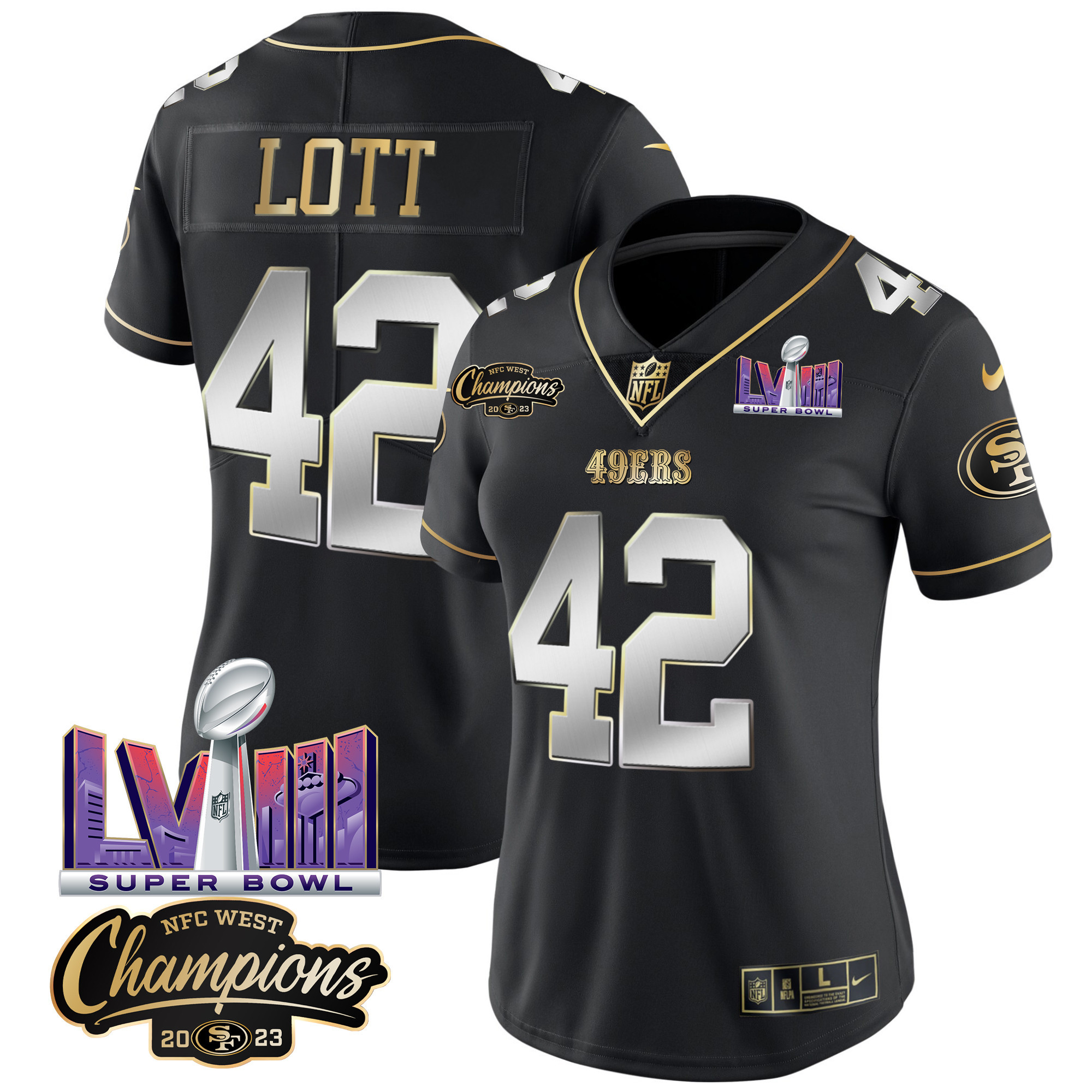Women's Ronnie Lott San Francisco 49ers NFC West Champions & Super Bowl LVIII Patch Vapor Black Limited Jersey V2 - All Stitched