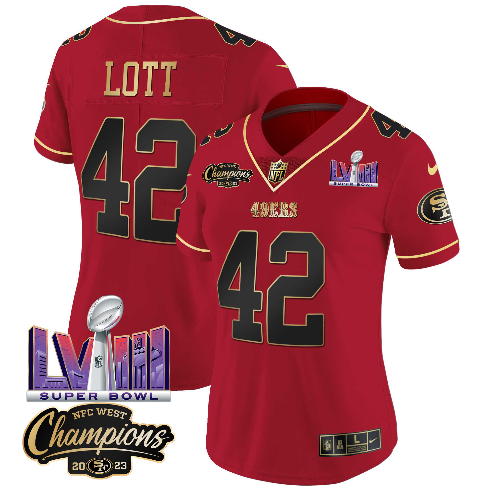 Women's Ronnie Lott San Francisco 49ers NFC West Champions & Super Bowl LVIII Patch Vapor Scarlet Limited Jersey V2 - All Stitched