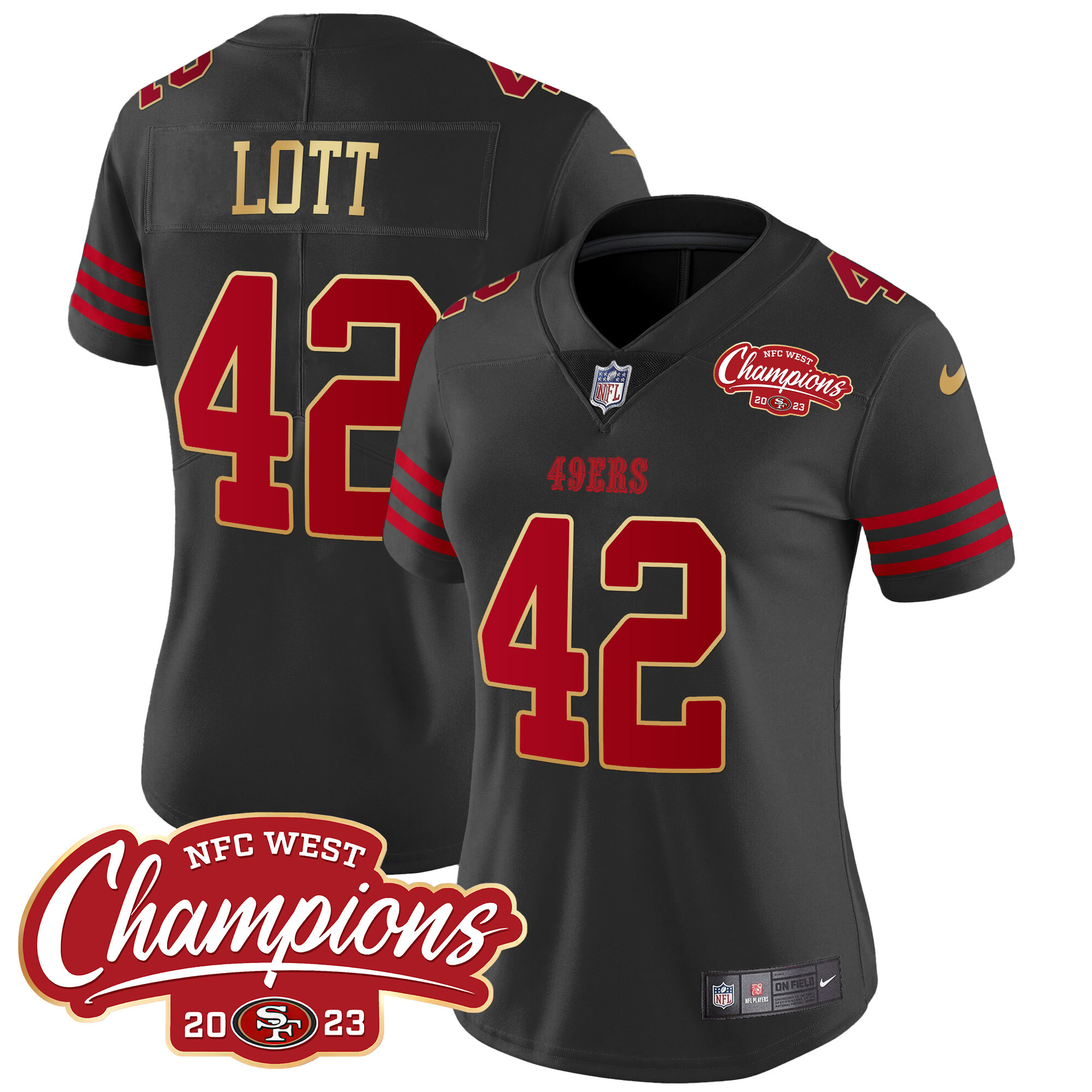 Women's Ronnie Lott San Francisco 49ers NFC West Champions Gold Trim Vapor Black Jersey - All Stitched
