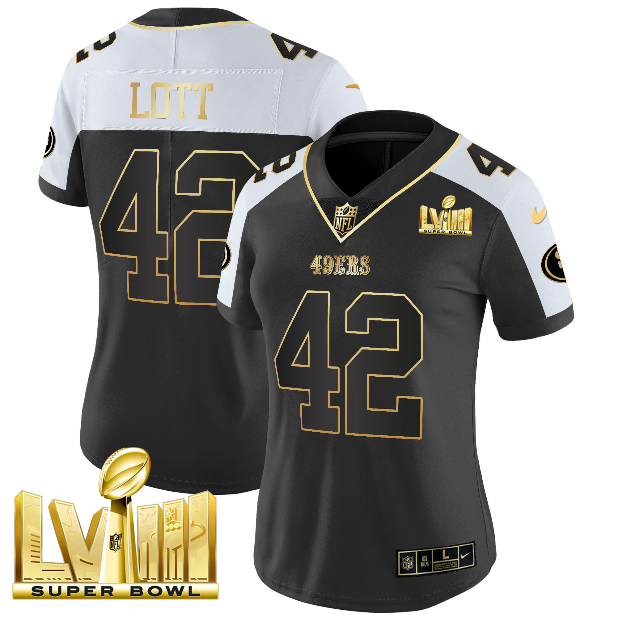 Women's Ronnie Lott San Francisco 49ers Super Bowl LVIII Gold Patch Vapor Black Alternate Jersey V2 - All Stitched