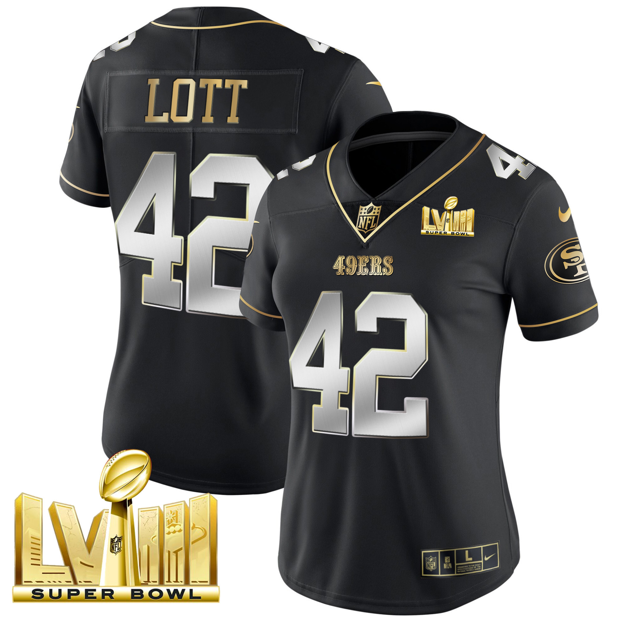 Women's Ronnie Lott San Francisco 49ers Super Bowl LVIII Gold Patch Vapor Black Limited Jersey - All Stitched