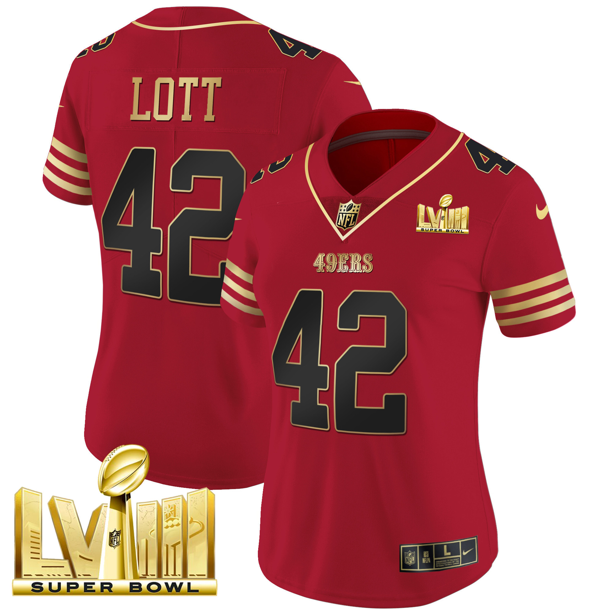 Women's Ronnie Lott San Francisco 49ers Super Bowl LVIII Gold Patch Vapor Black Scarlet Jersey - All Stitched