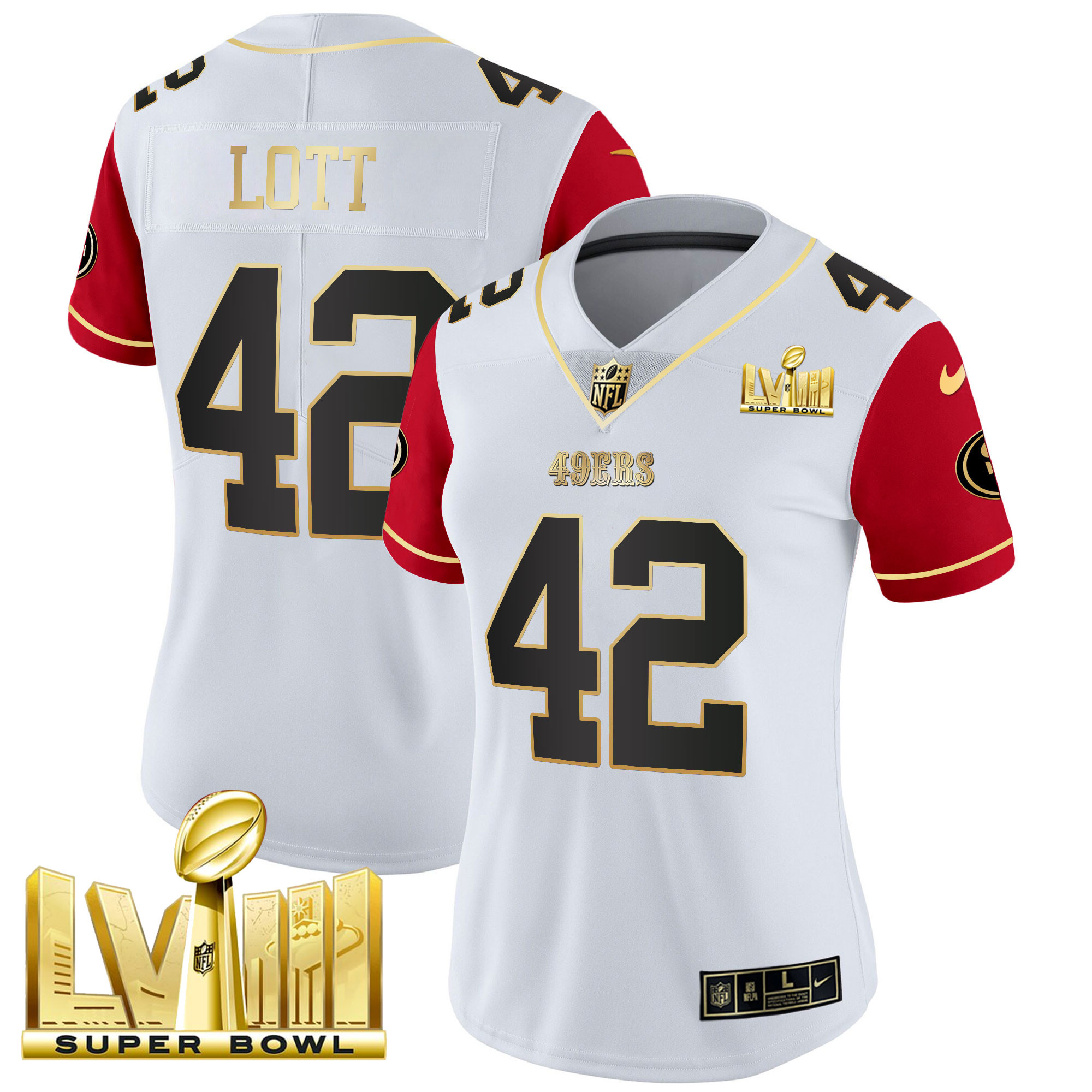 Women's Ronnie Lott San Francisco 49ers Super Bowl LVIII Gold Patch Vapor Color Sleeves Jersey V2 - All Stitched