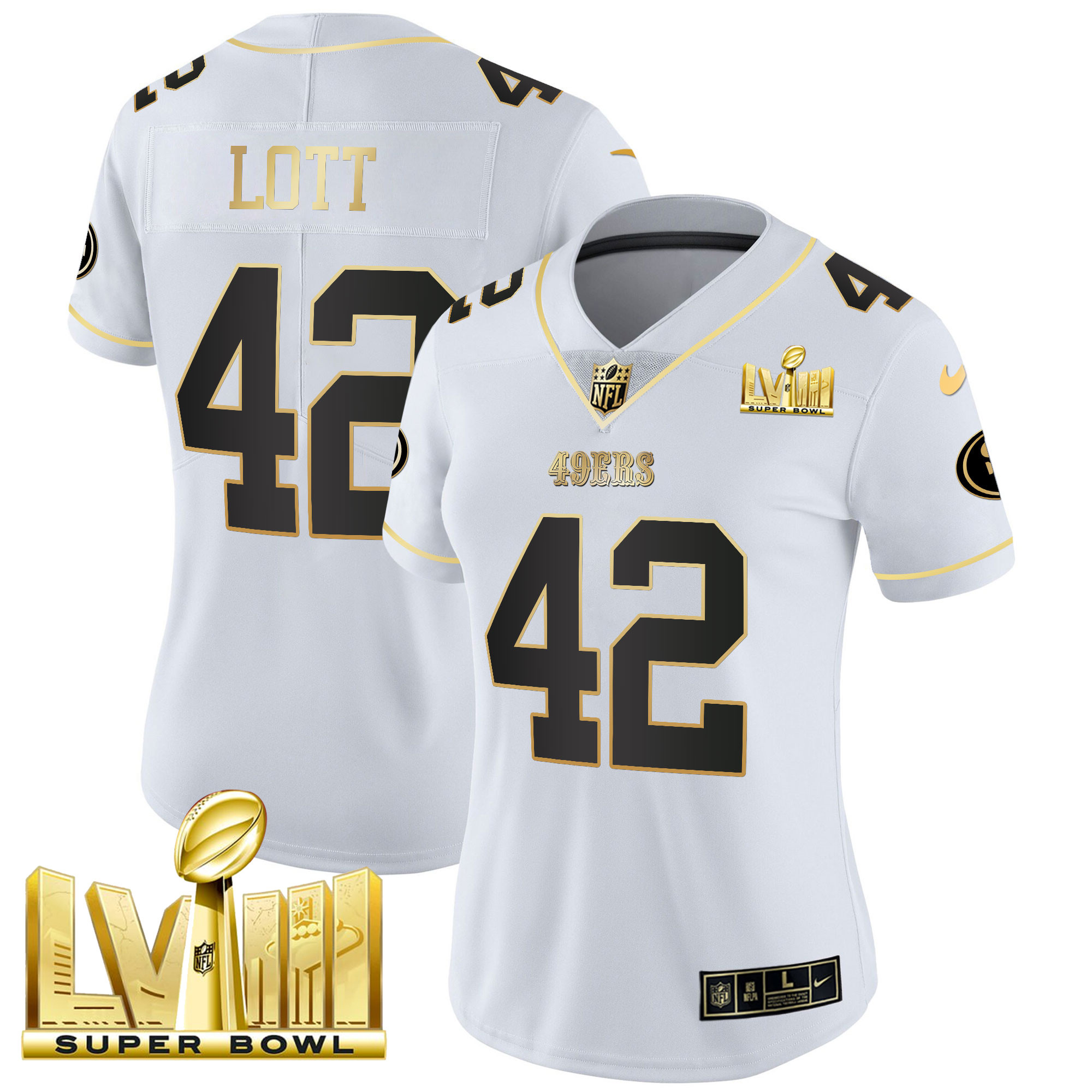 Women's Ronnie Lott San Francisco 49ers Super Bowl LVIII Gold Patch Vapor White Gold Jersey V2 - All Stitched