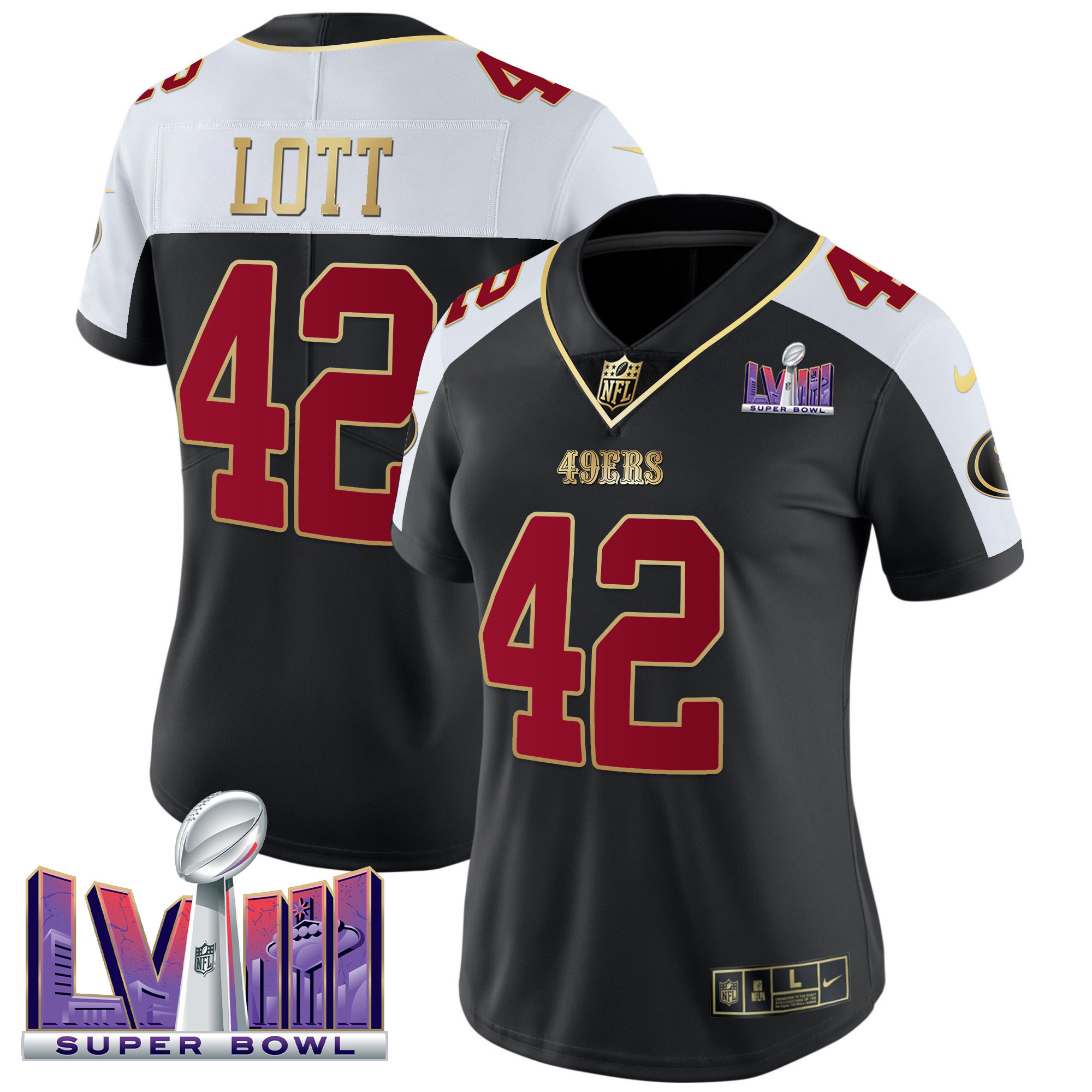 Women's Ronnie Lott San Francisco 49ers Super Bowl LVIII Patch Vapor Black Alternate Jersey - All Stitched