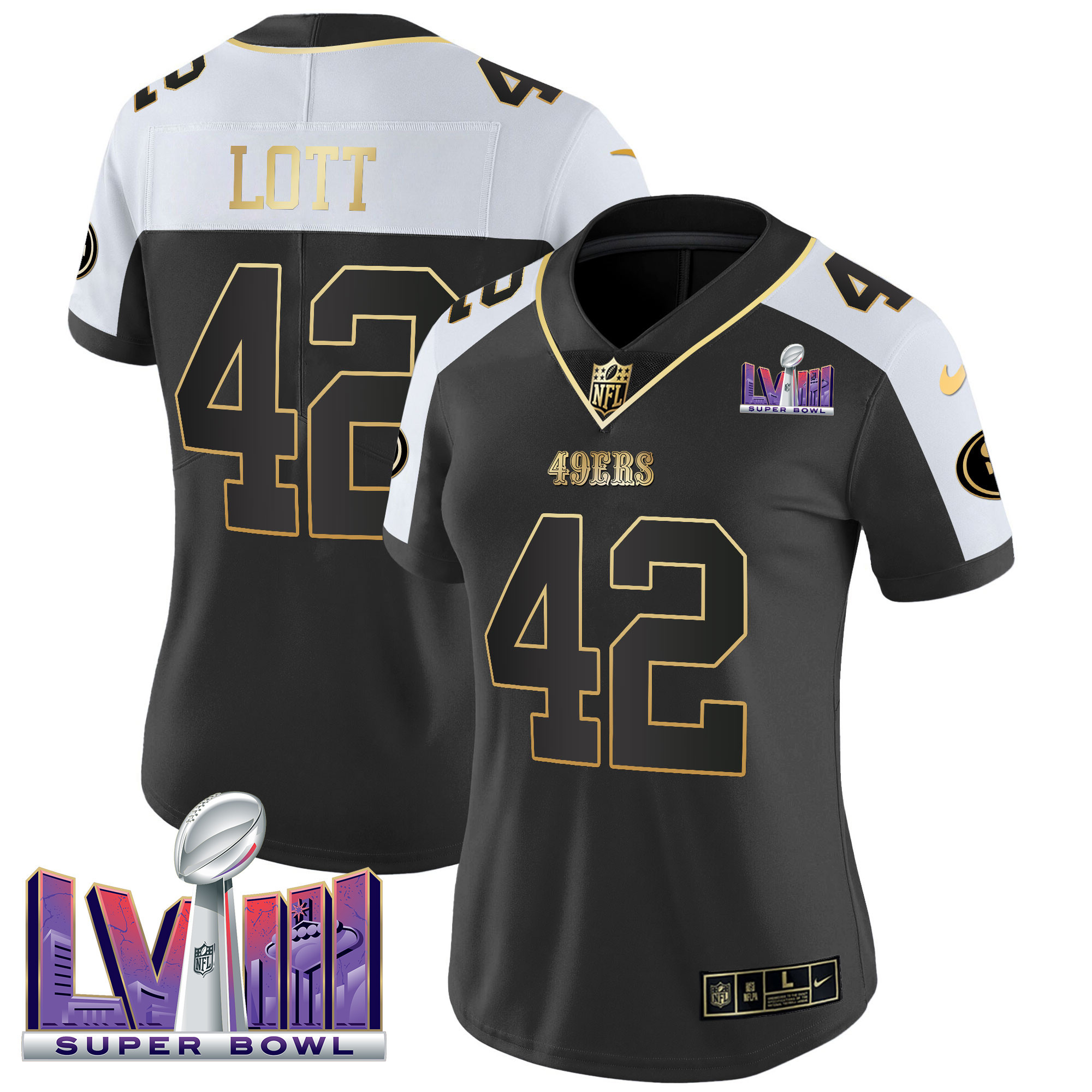 Women's Ronnie Lott San Francisco 49ers Super Bowl LVIII Patch Vapor Black Alternate Jersey V2 - All Stitched