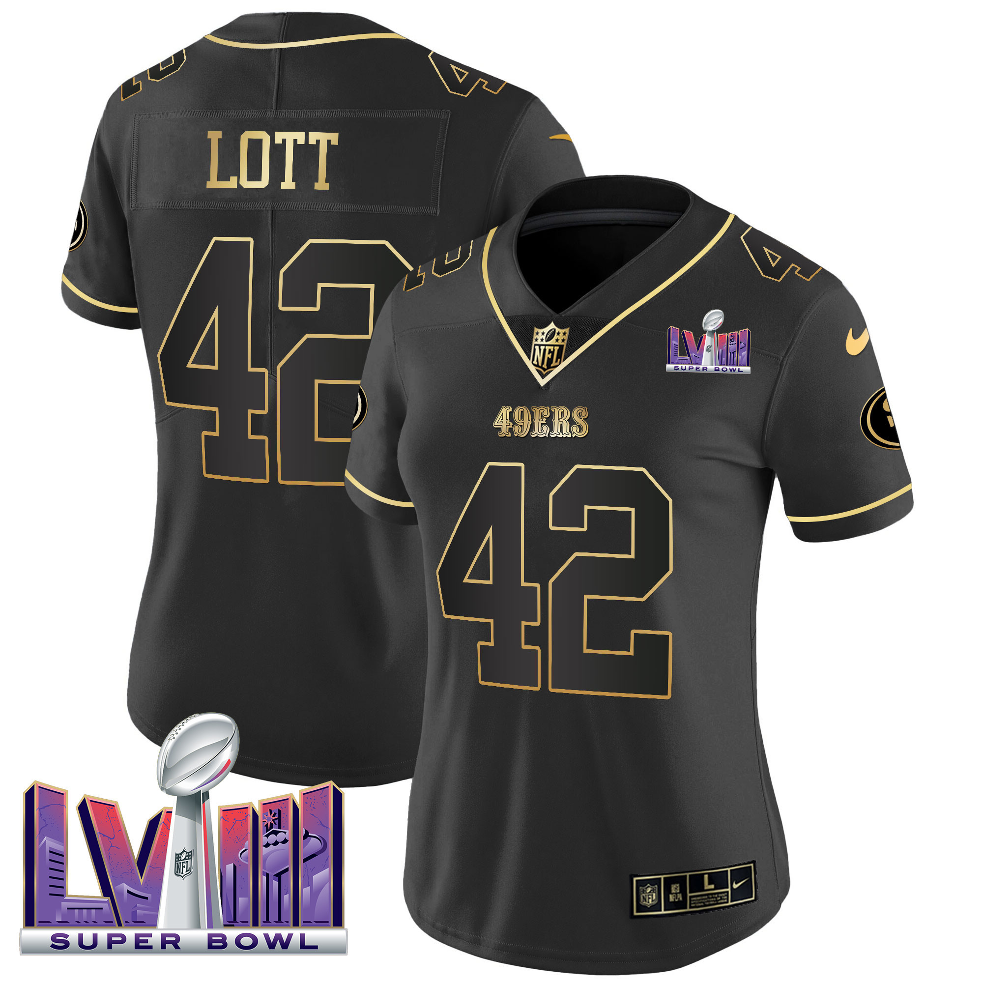 Women's Ronnie Lott San Francisco 49ers Super Bowl LVIII Patch Vapor Black Gold Jersey V2 - All Stitched