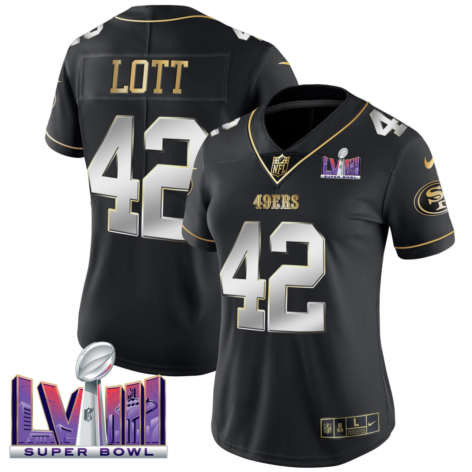 Women's Ronnie Lott San Francisco 49ers Super Bowl LVIII Patch Vapor Black Limited Jersey - All Stitched