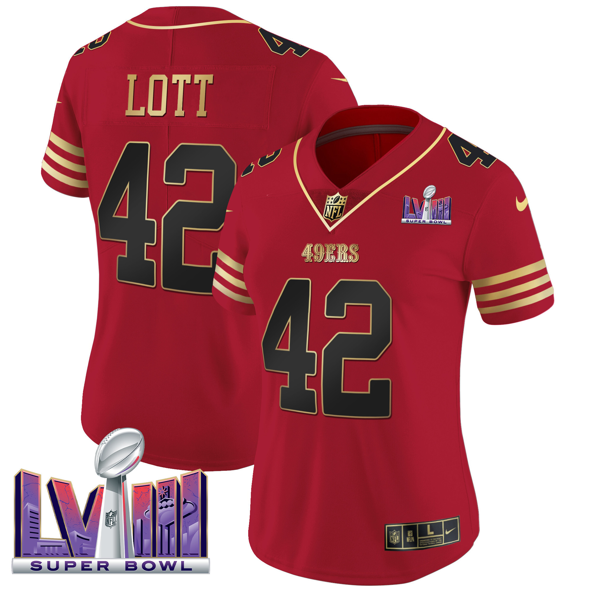 Women's Ronnie Lott San Francisco 49ers Super Bowl LVIII Patch Vapor Black Scarlet Jersey - All Stitched