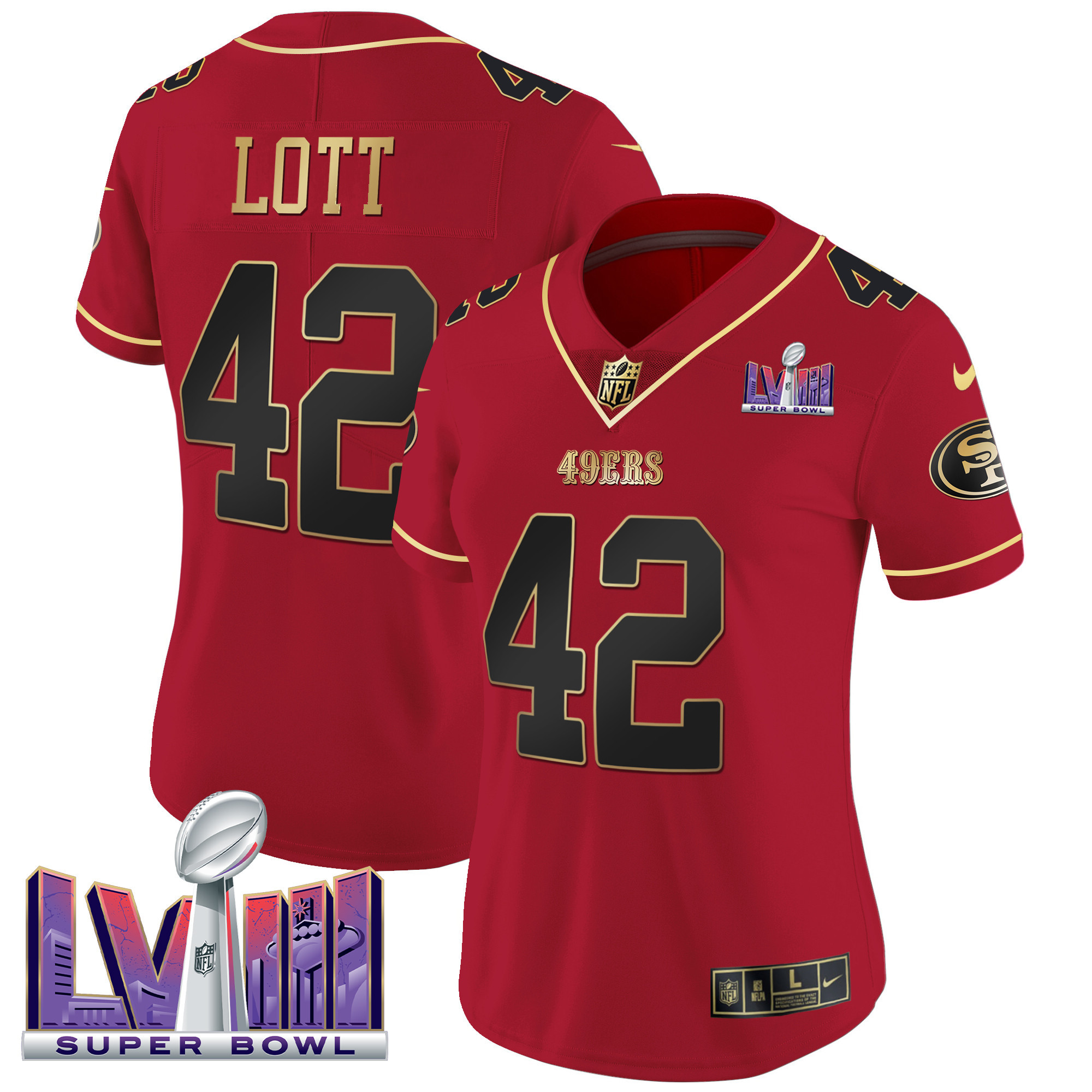 Women's Ronnie Lott San Francisco 49ers Super Bowl LVIII Patch Vapor Scarlet Limited Jersey - All Stitched