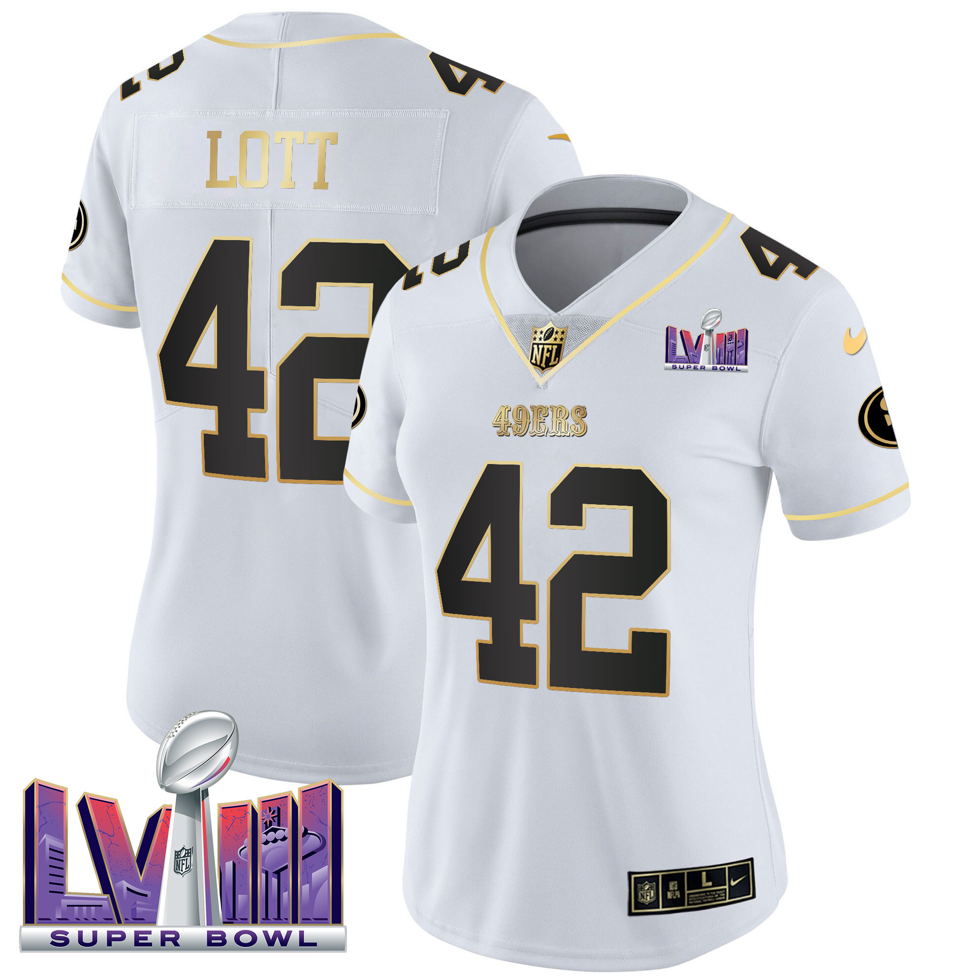 Women's Ronnie Lott San Francisco 49ers Super Bowl LVIII Patch Vapor White Gold Jersey V2 - All Stitched