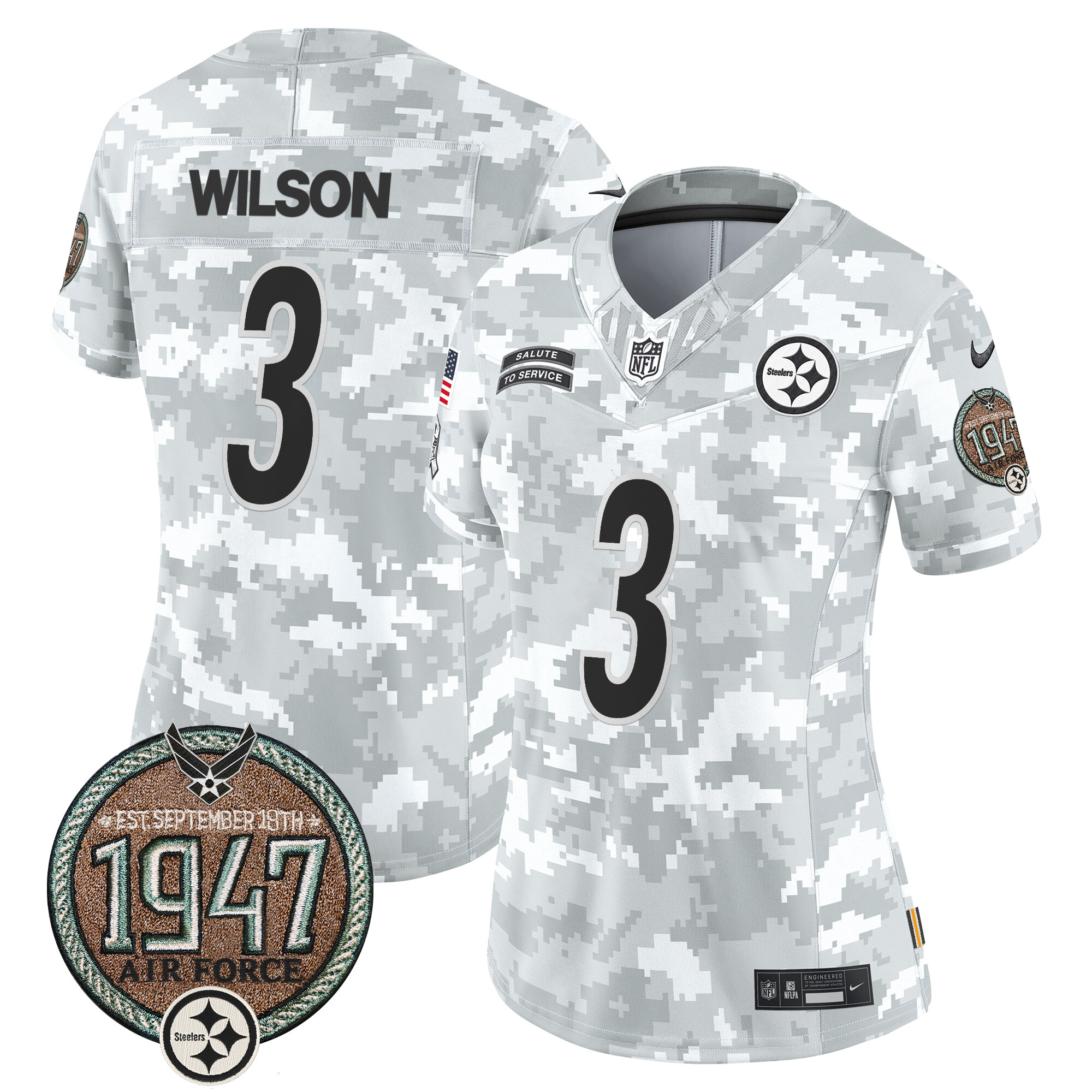 Women's Russell Wilson Pittsburgh Steelers 2024 Salute to Service Establishment Year Patch Vapor Limited Air Force Jersey - All Stitched