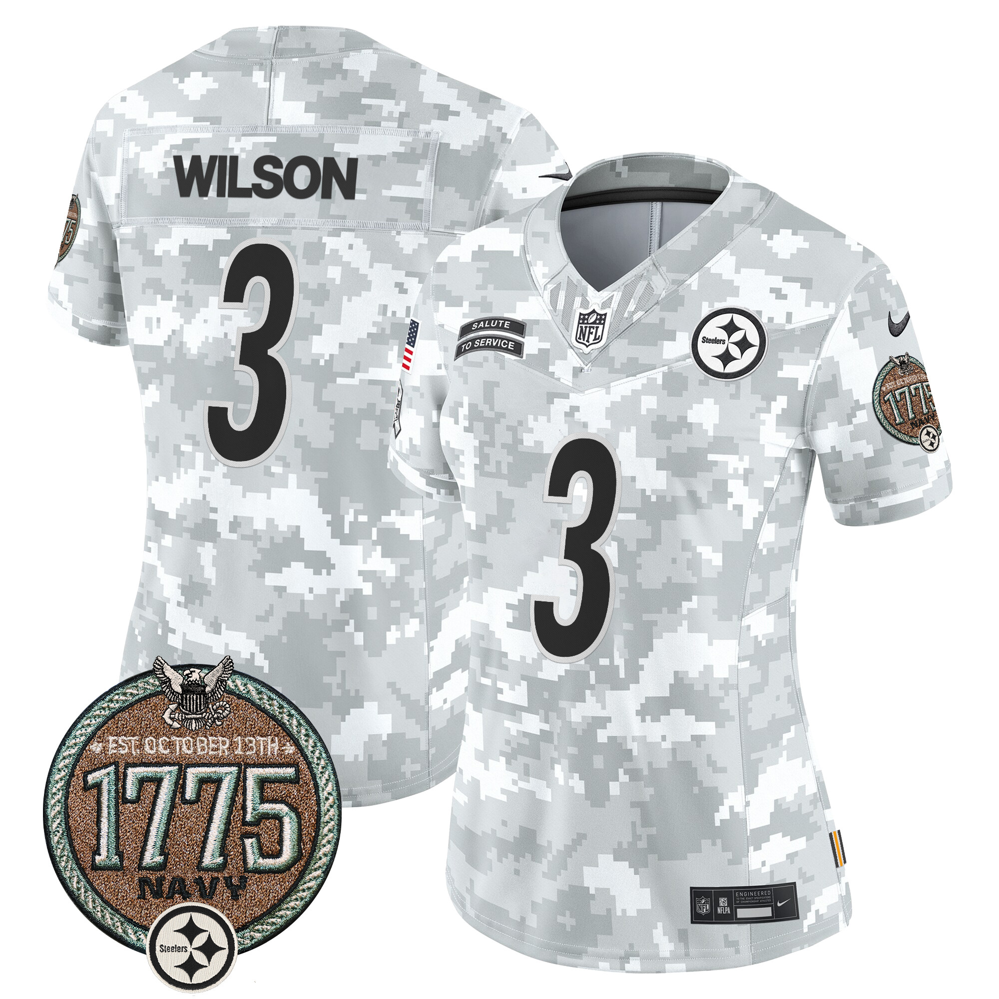 Women's Russell Wilson Pittsburgh Steelers 2024 Salute to Service Establishment Year Patch Vapor Limited Navy Jersey - All Stitched