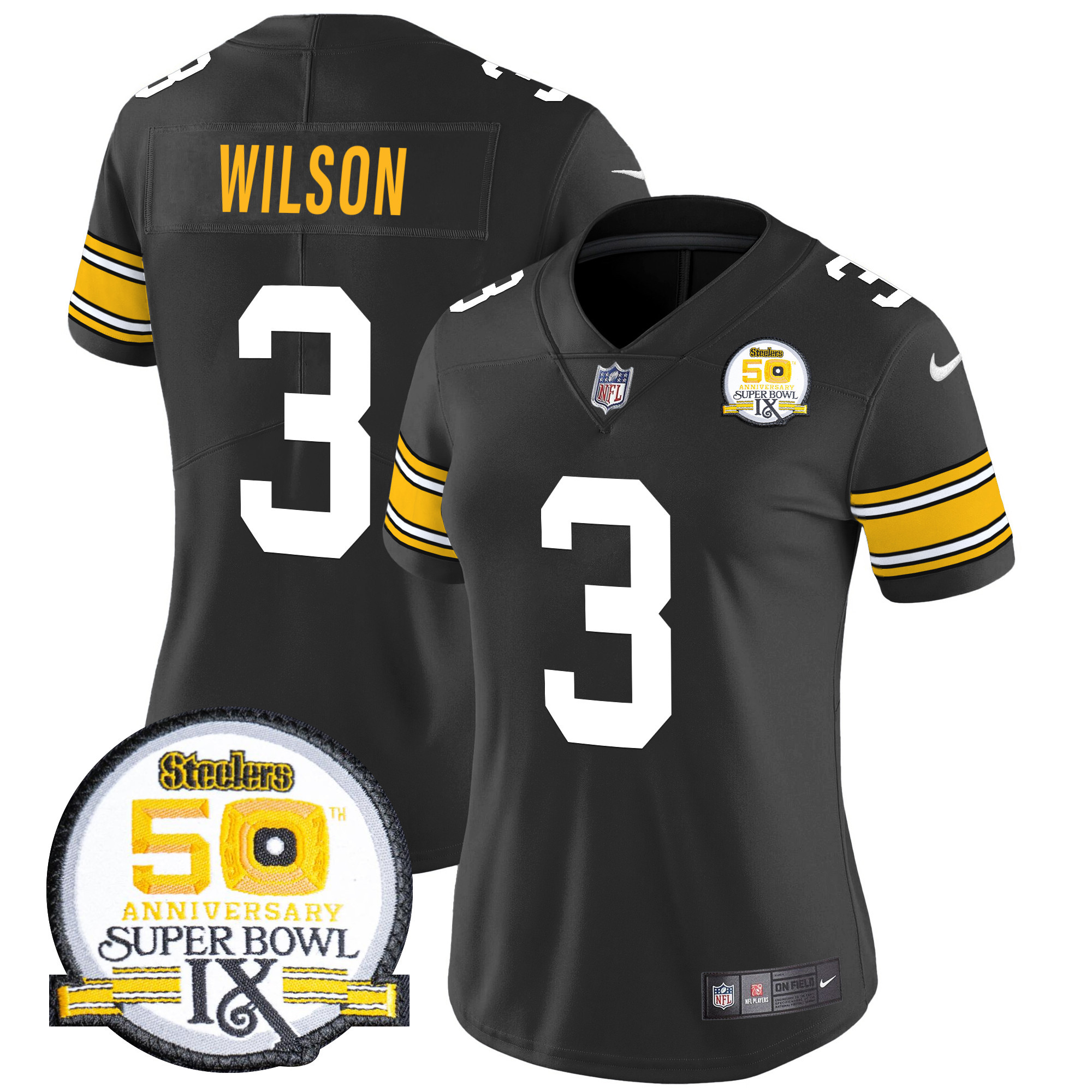 Women's Russell Wilson Pittsburgh Steelers 50th Anniversary Of Super Bowl IX Patch Vapor Limited 1975 Throwback Jersey - All Stitched