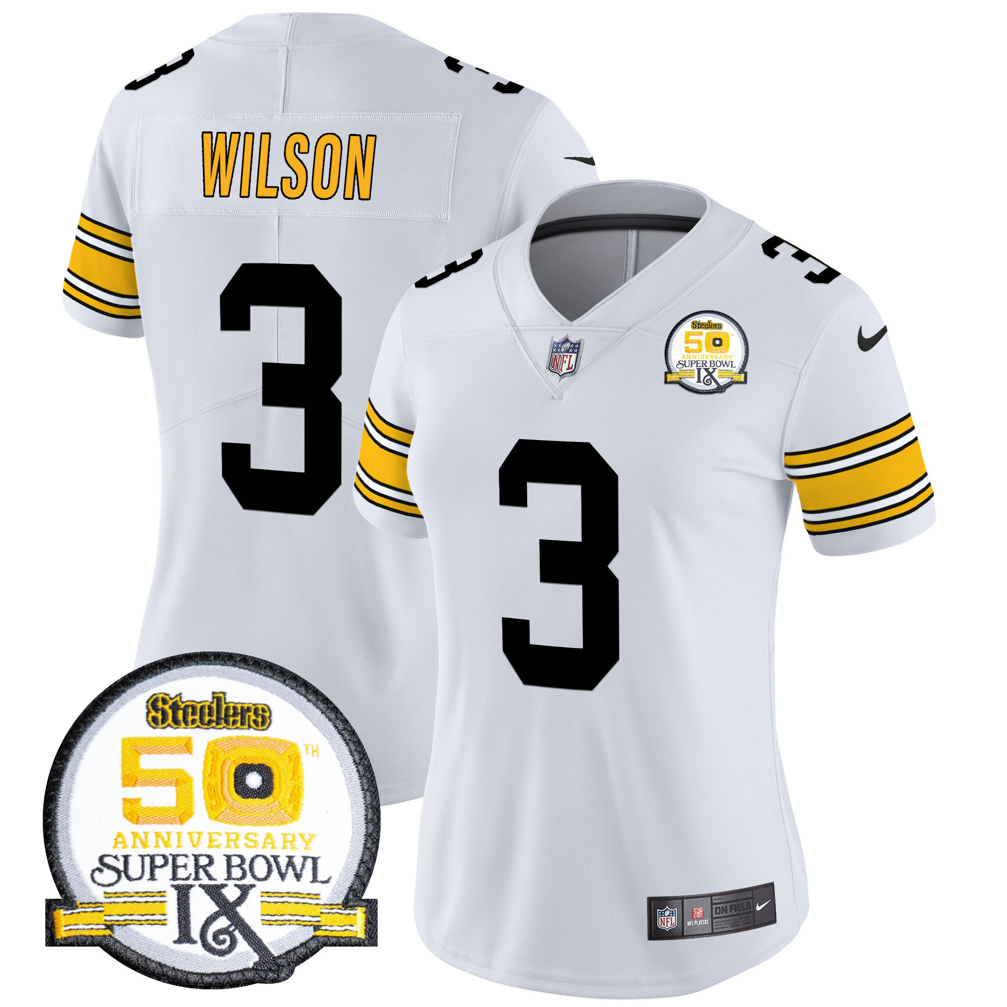 Women's Russell Wilson Pittsburgh Steelers 50th Anniversary Of Super Bowl IX Patch Vapor Limited 1975 White Jersey - All Stitched