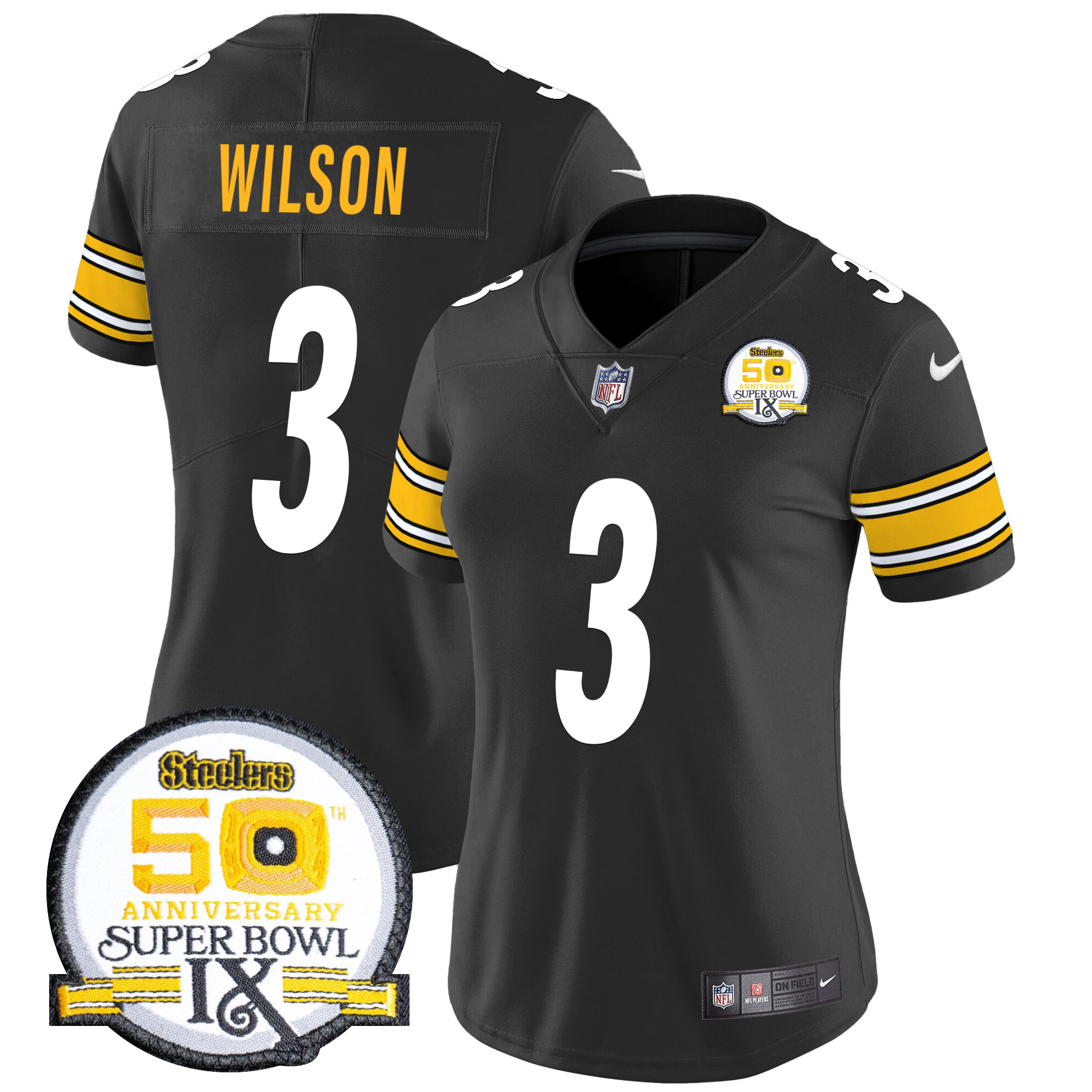 Women's Russell Wilson Pittsburgh Steelers 50th Anniversary Of Super Bowl IX Patch Vapor Limited Black Jersey - All Stitched