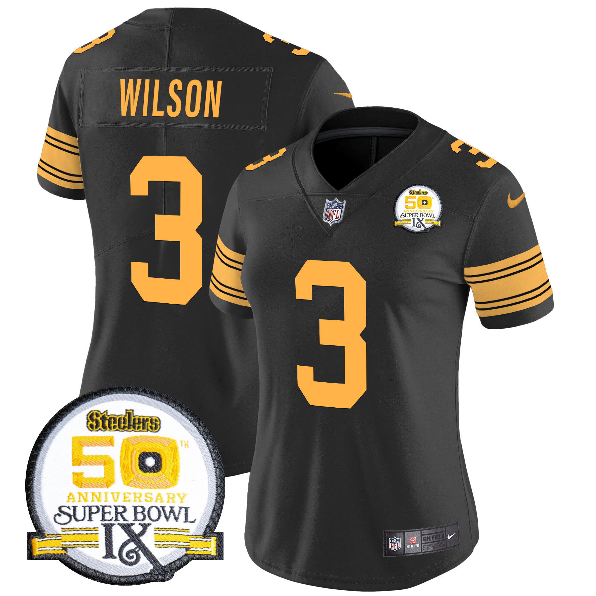 Women's Russell Wilson Pittsburgh Steelers 50th Anniversary Of Super Bowl IX Patch Vapor Limited Color Rush Jersey - All Stitched