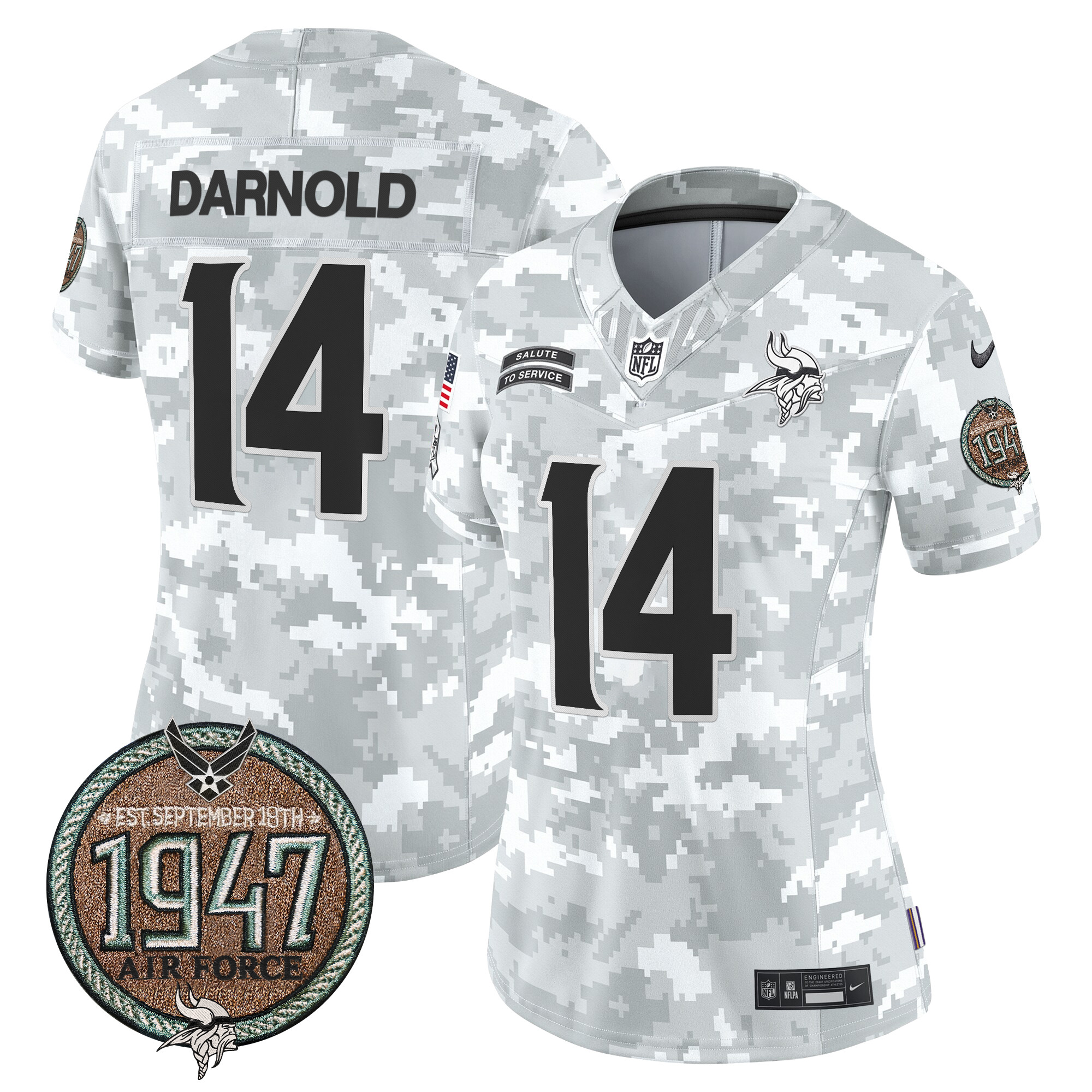 Women's Sam Darnold Minnesota Vikings 2024 Salute to Service Establishment Year Patch Vapor Limited Air Force Jersey - All Stitched