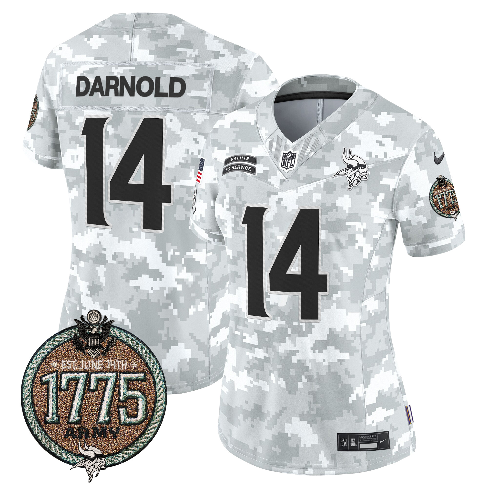 Women's Sam Darnold Minnesota Vikings 2024 Salute to Service Establishment Year Patch Vapor Limited Army Jersey - All Stitched
