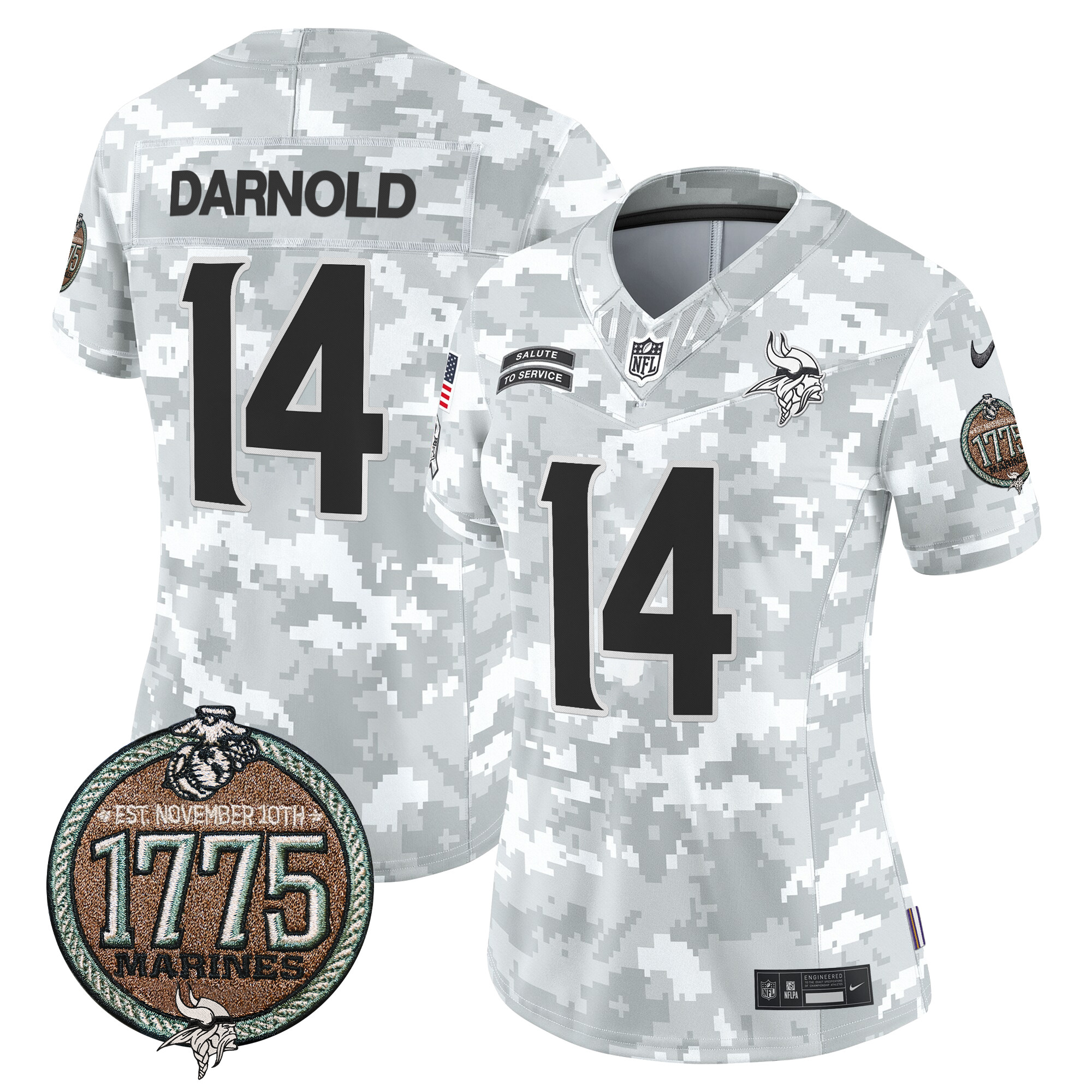 Women's Sam Darnold Minnesota Vikings 2024 Salute to Service Establishment Year Patch Vapor Limited Marines Jersey - All Stitched