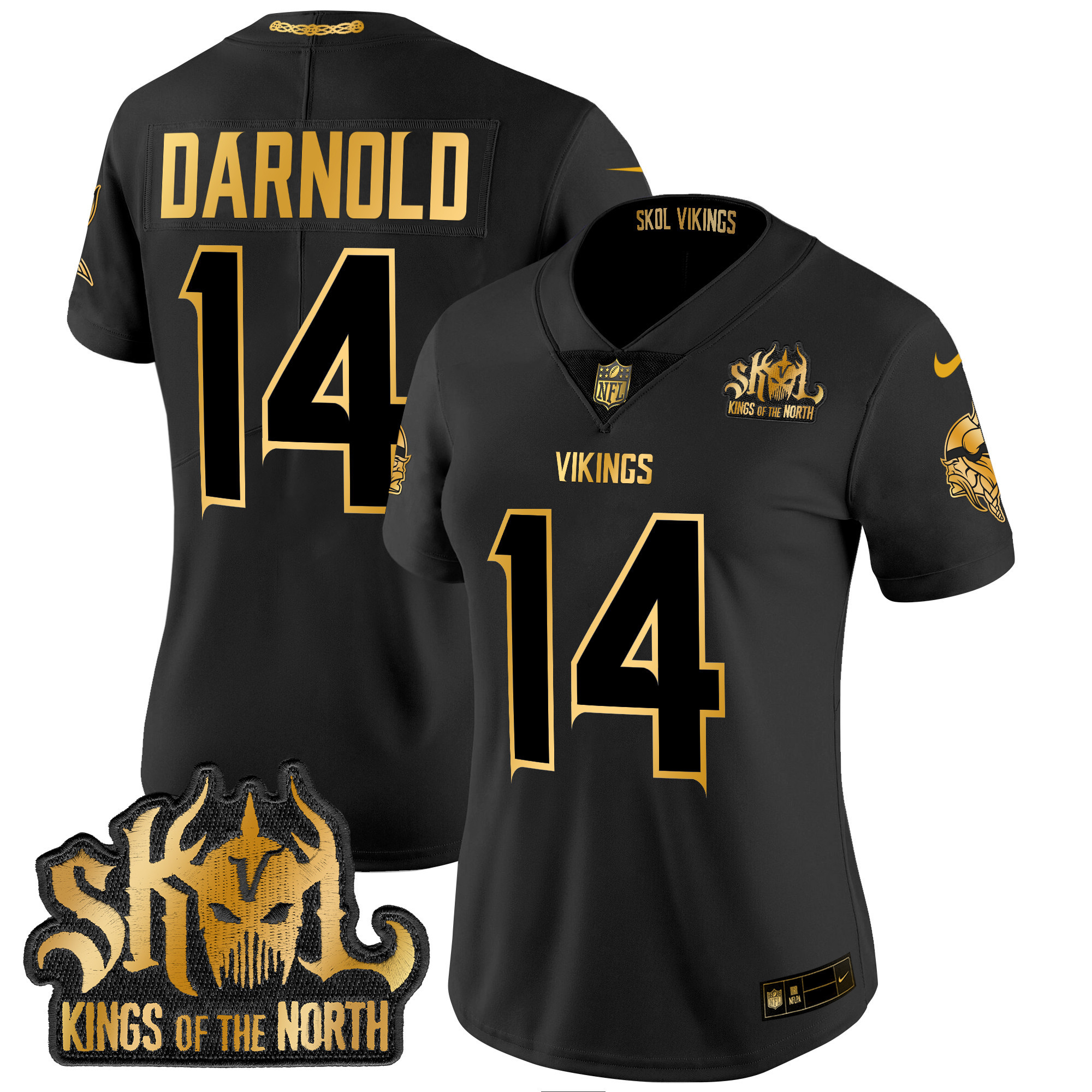 Women's Sam Darnold Minnesota Vikings 2024 Winter Warrior Skol Patch Gold Vapor Limited Black Gold Jersey - All Stitched