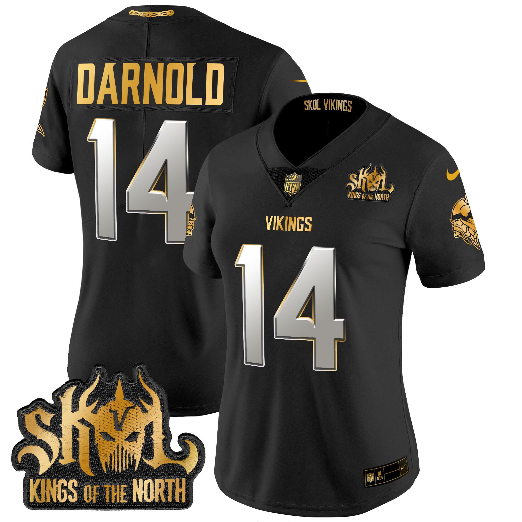 Women's Sam Darnold Minnesota Vikings 2024 Winter Warrior Skol Patch Gold Vapor Limited Black Limited Jersey - All Stitched
