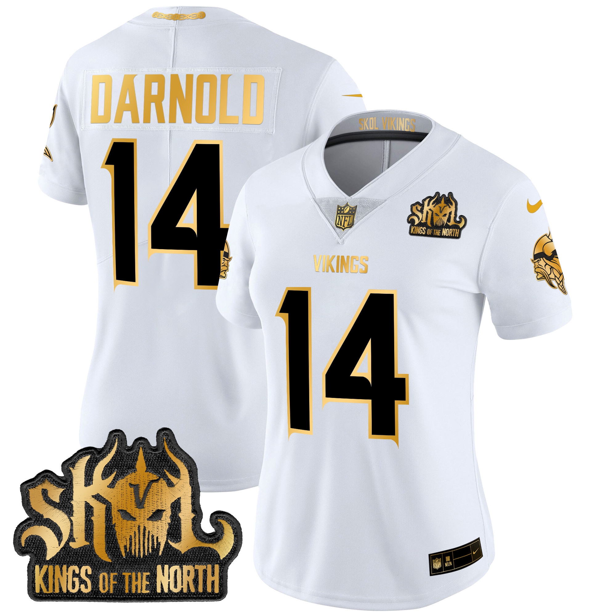 Women's Sam Darnold Minnesota Vikings 2024 Winter Warrior Skol Patch Gold Vapor Limited White Gold Jersey - All Stitched